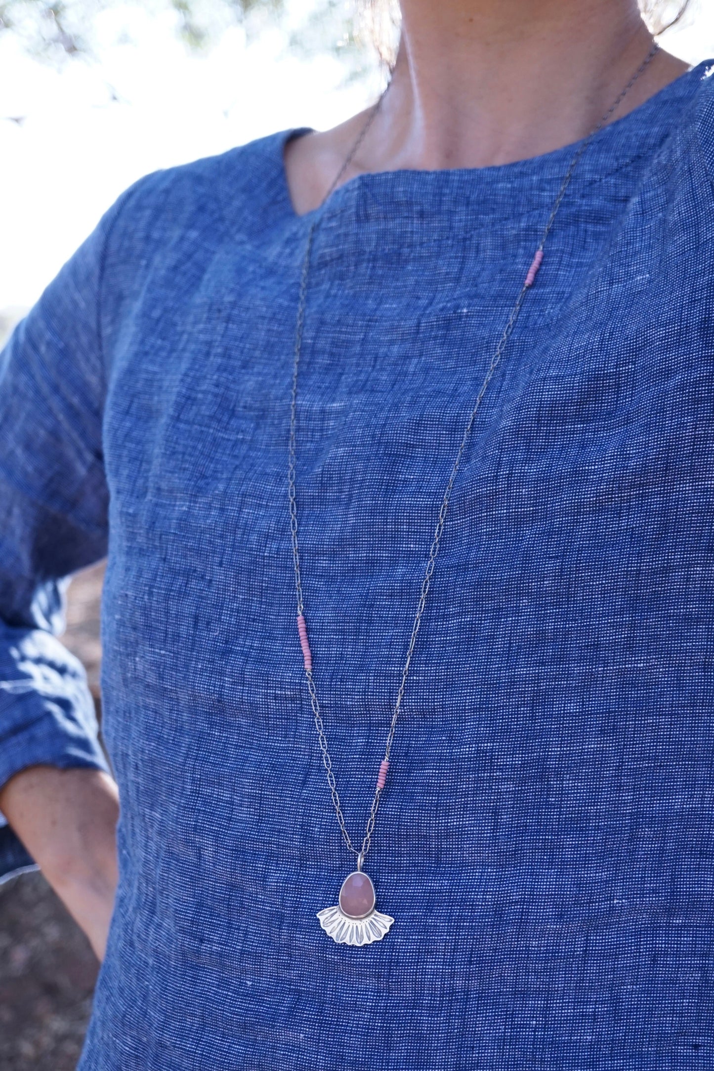 guava quartz flower petal necklace with african trade beads - Lumenrose