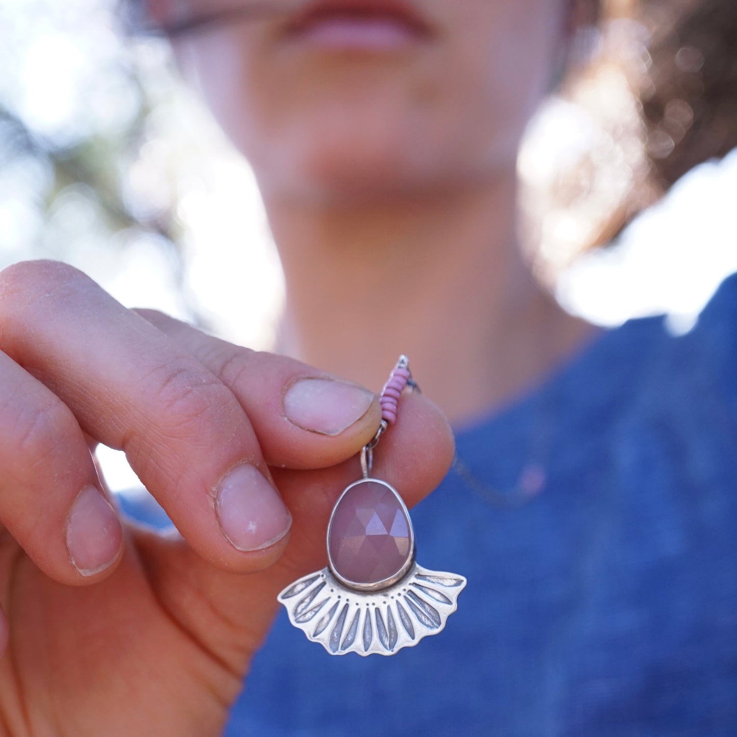 guava quartz flower petal necklace with african trade beads - Lumenrose