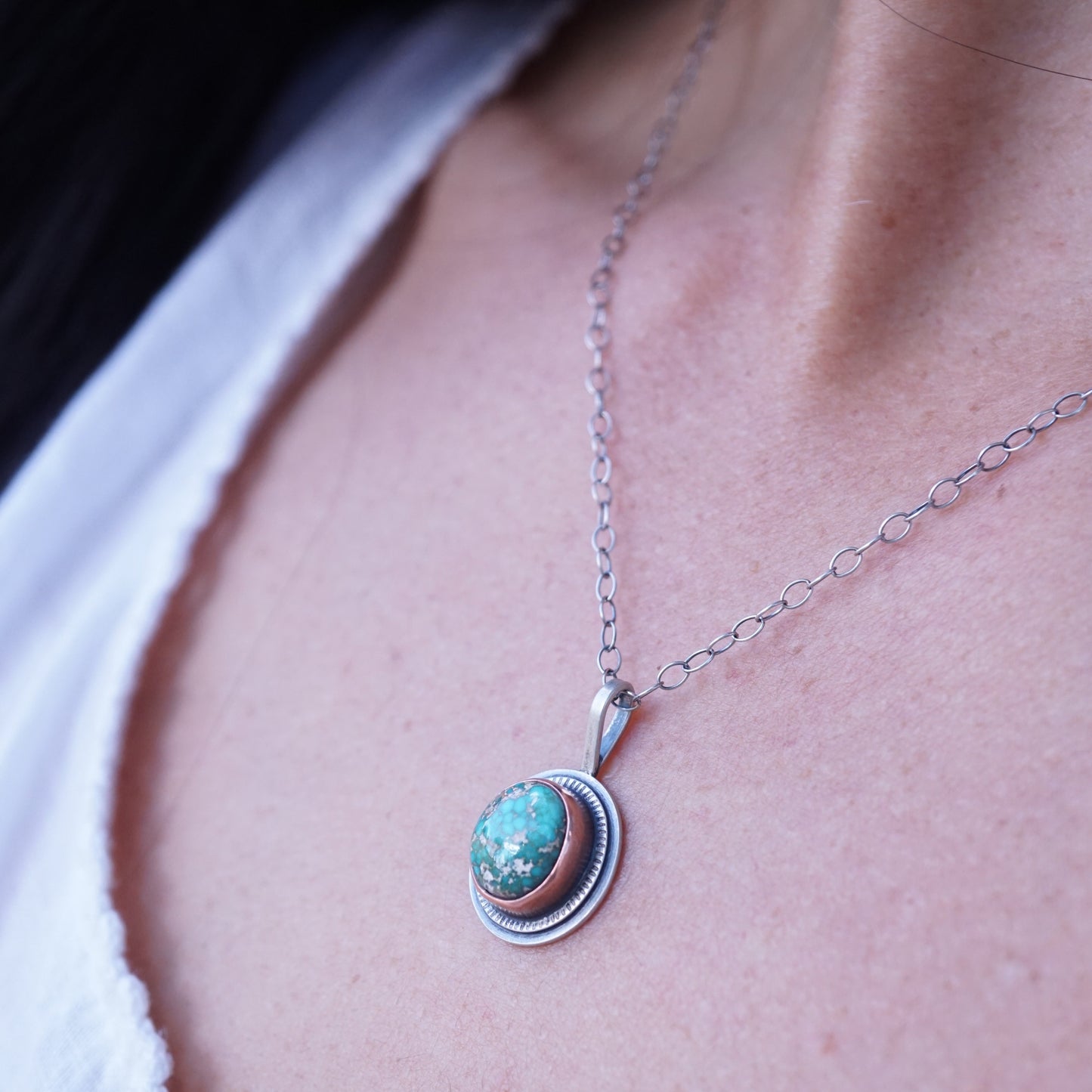 high dome carico lake turquoise necklace with copper bezel - Lumenrose