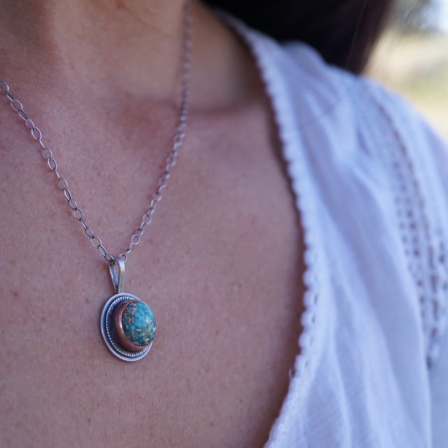 high dome carico lake turquoise necklace with copper bezel - Lumenrose