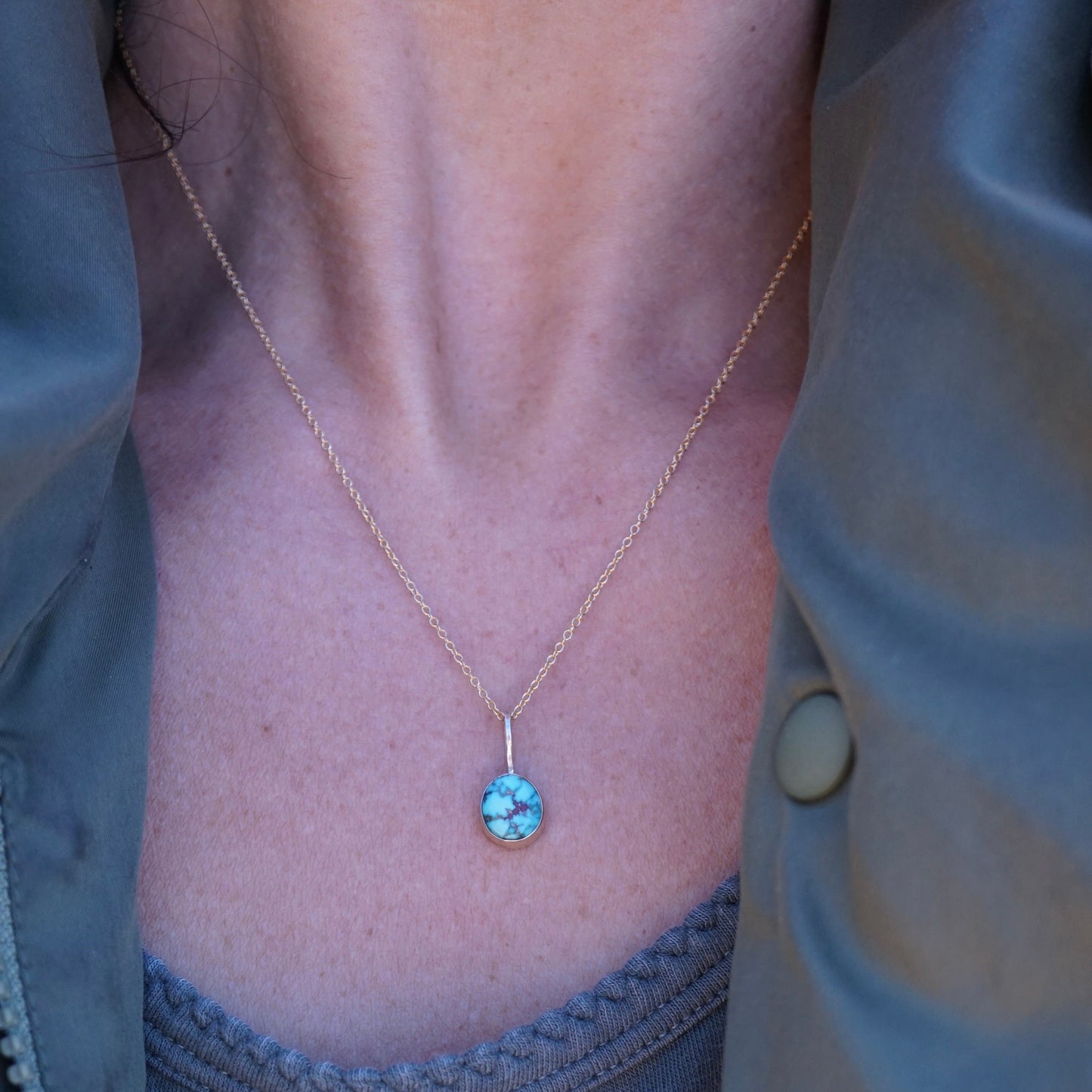 high grade kingman turquoise necklace with 14k bezel - Lumenrose