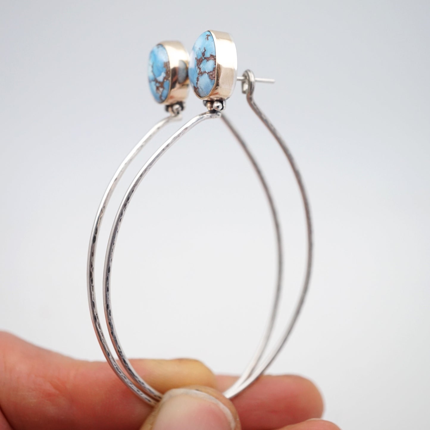 high grade lavender turquoise hoops w/ 14 karat gold bezel - Lumenrose