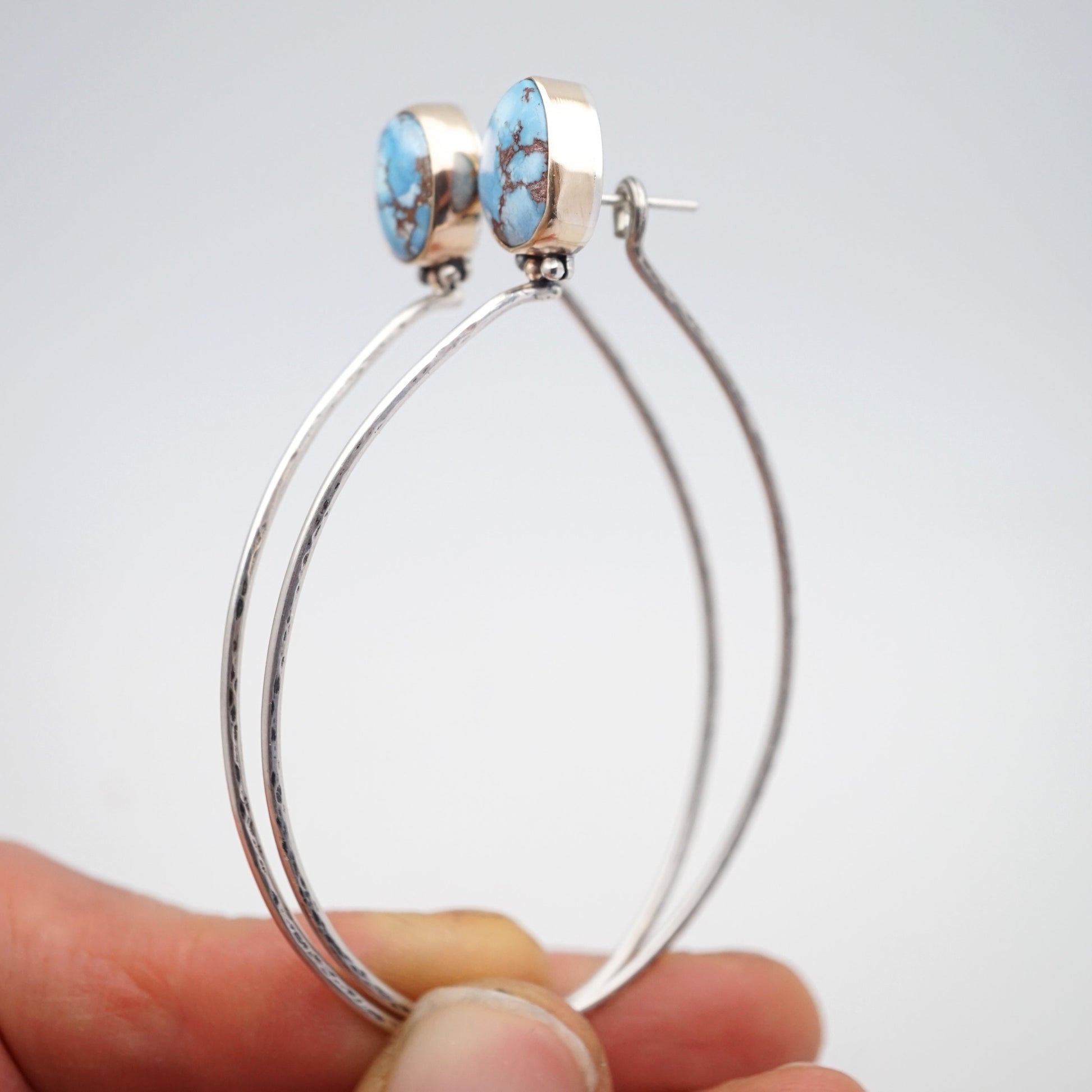 high grade lavender turquoise hoops w/ 14 karat gold bezel - Lumenrose