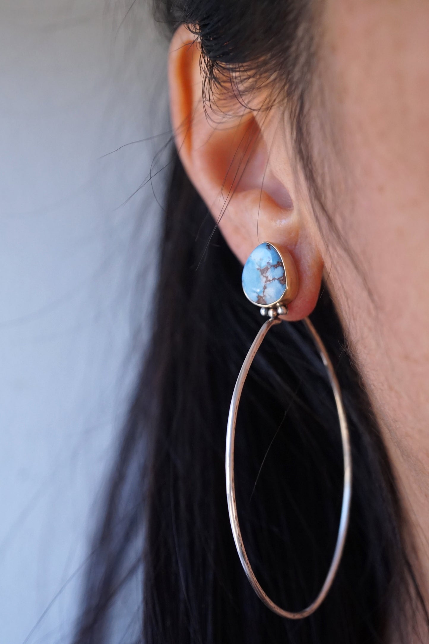 high grade lavender turquoise hoops w/ 14 karat gold bezel - Lumenrose