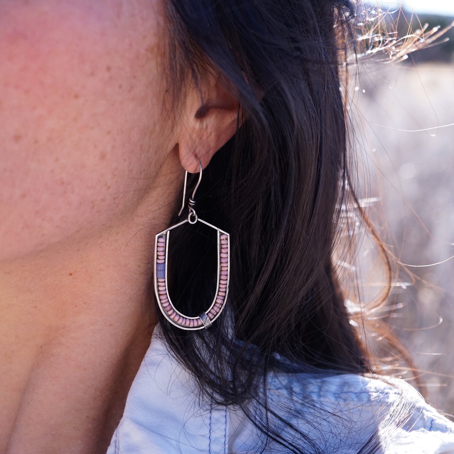 large arc dangles with pink maasai trade beads - Lumenrose