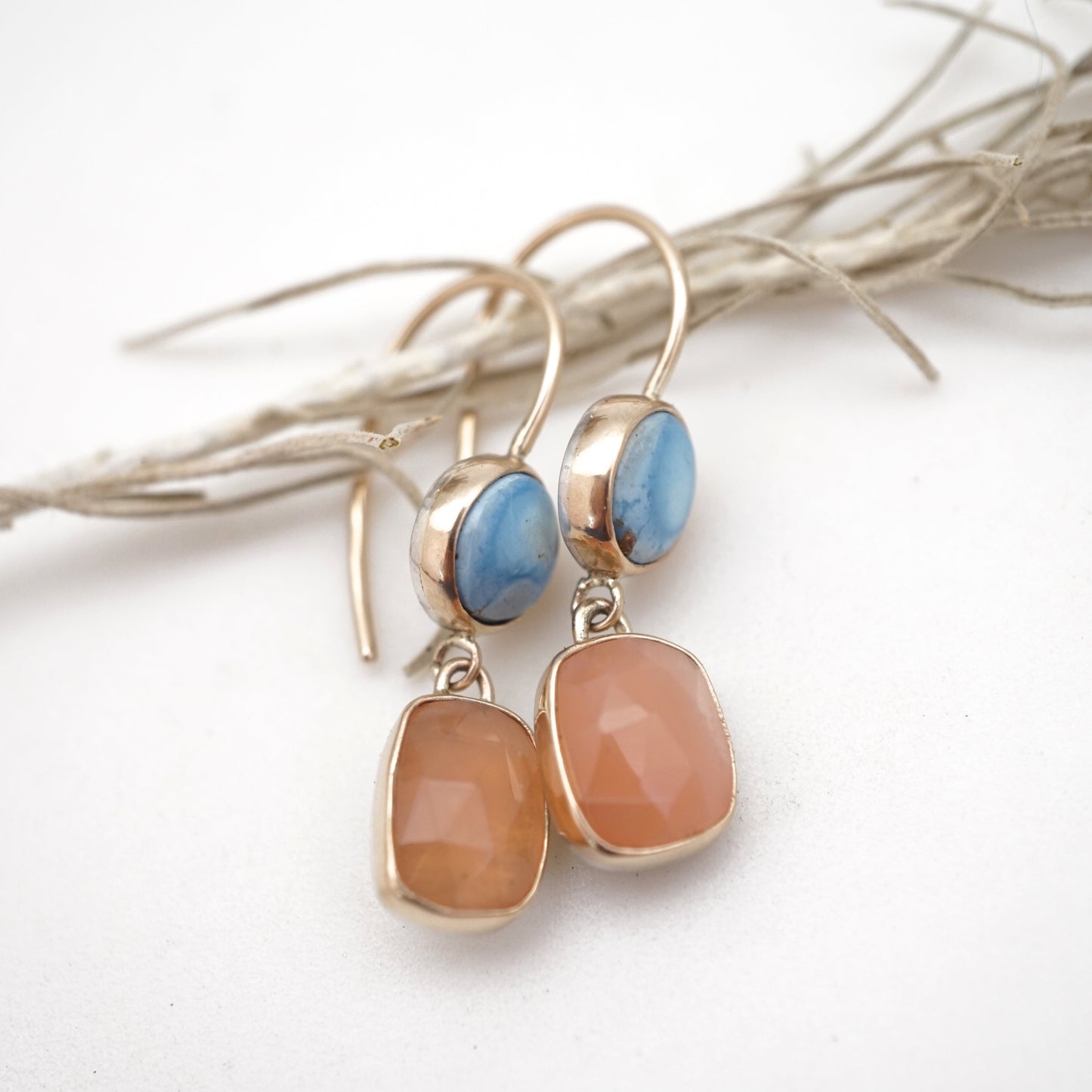 lavender turquoise + peach moonstone dangles in 14k gold - Lumenrose