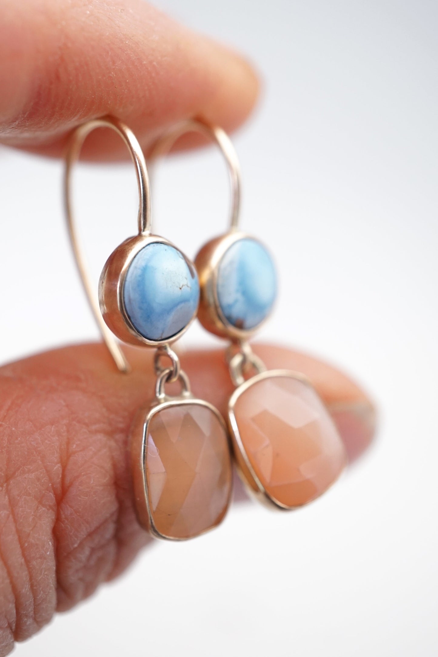 lavender turquoise + peach moonstone dangles in 14k gold - Lumenrose
