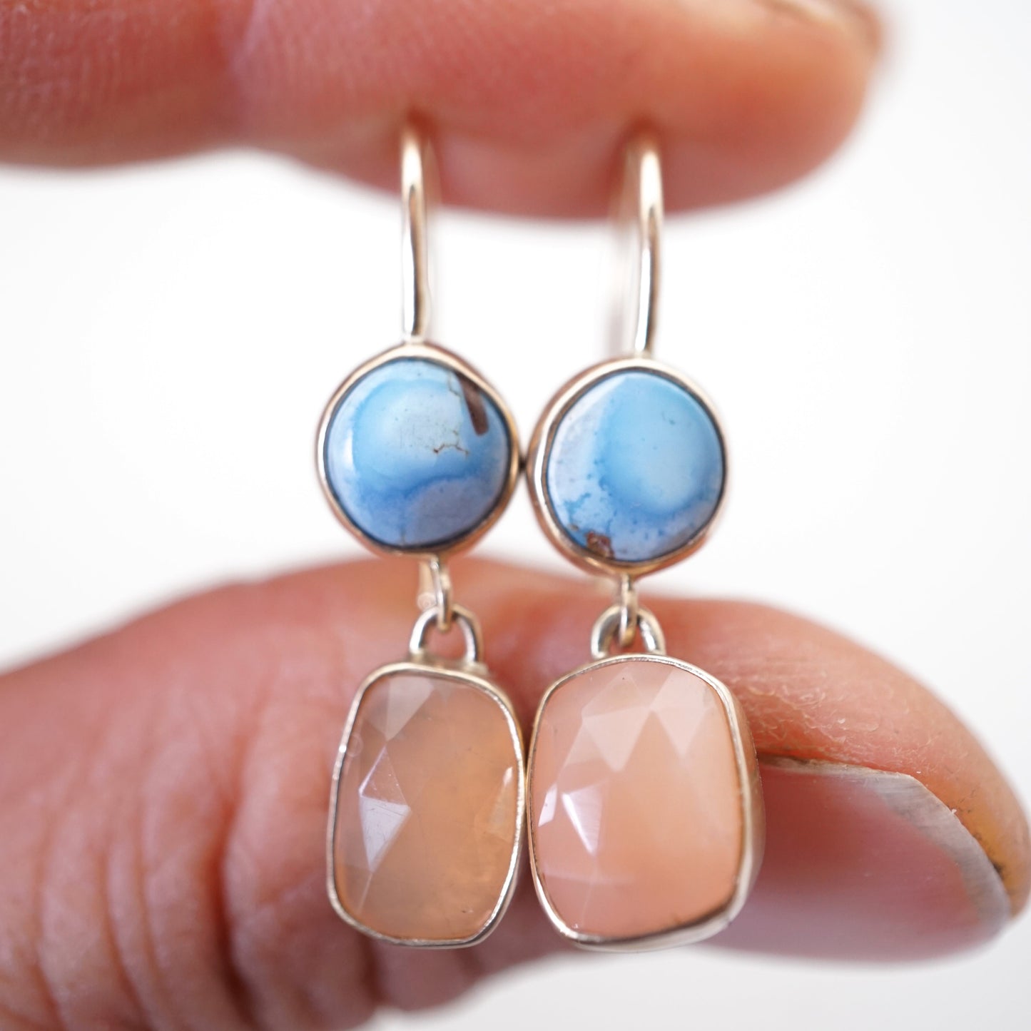 lavender turquoise + peach moonstone dangles in 14k gold - Lumenrose