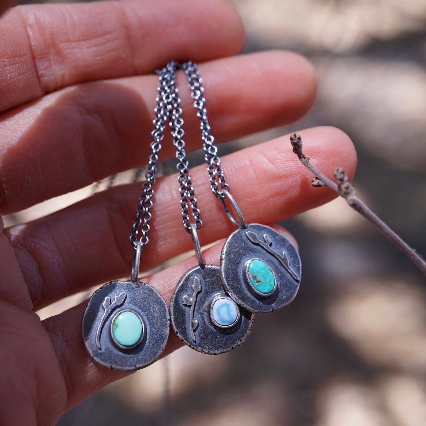 lavender turquoise pebble necklace with budding branch - Lumenrose