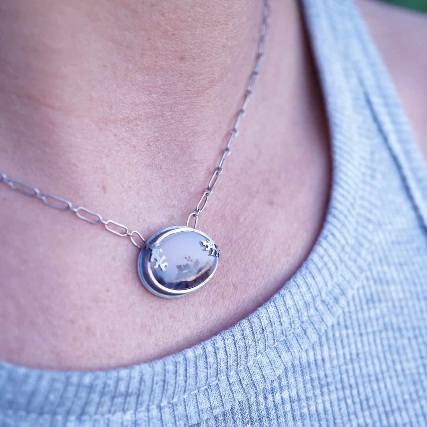 narmada river dendritic agate simple oval necklace - Lumenrose