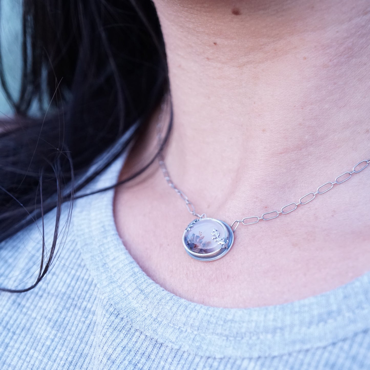 narmada river dendritic agate simple oval necklace - Lumenrose