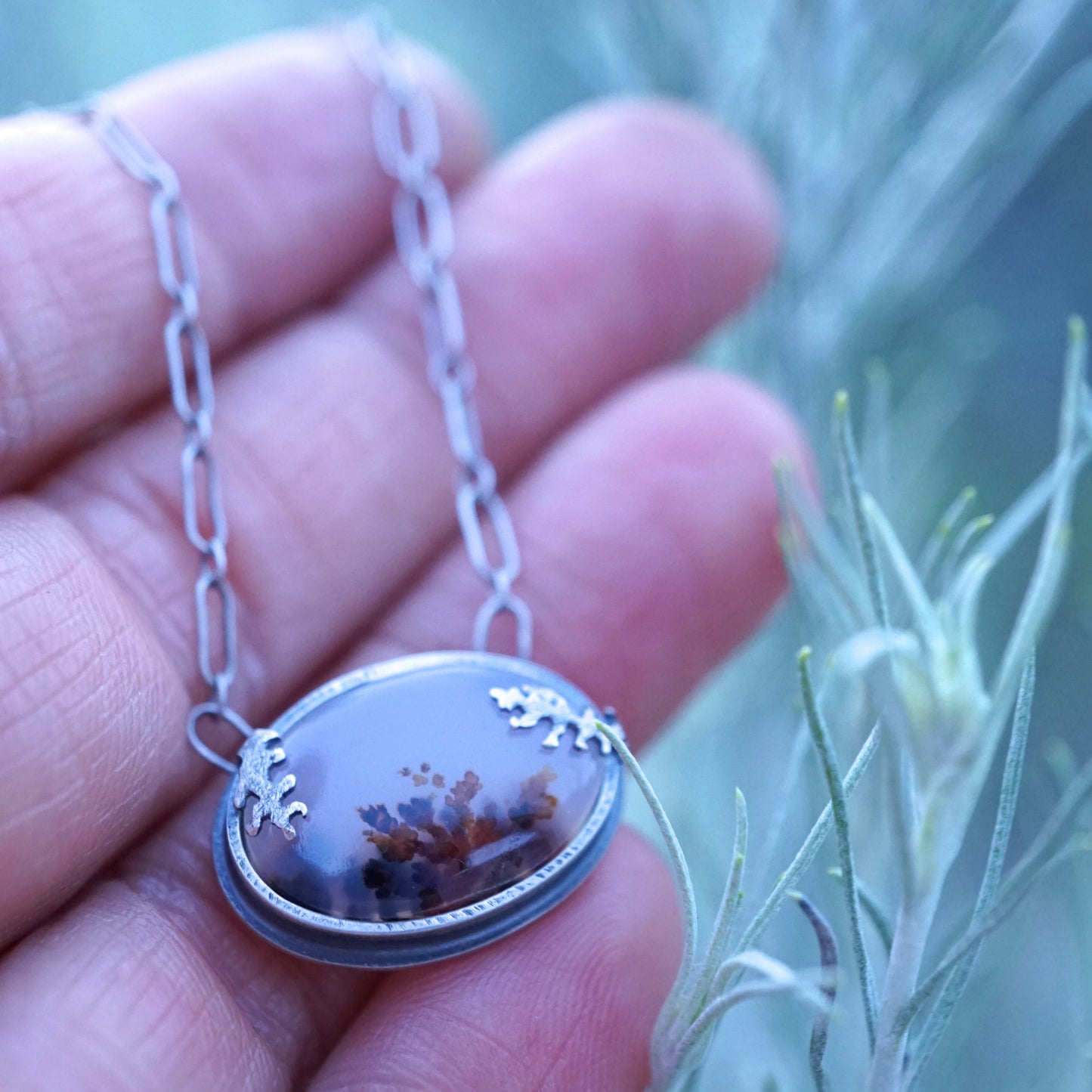 narmada river dendritic agate simple oval necklace - Lumenrose