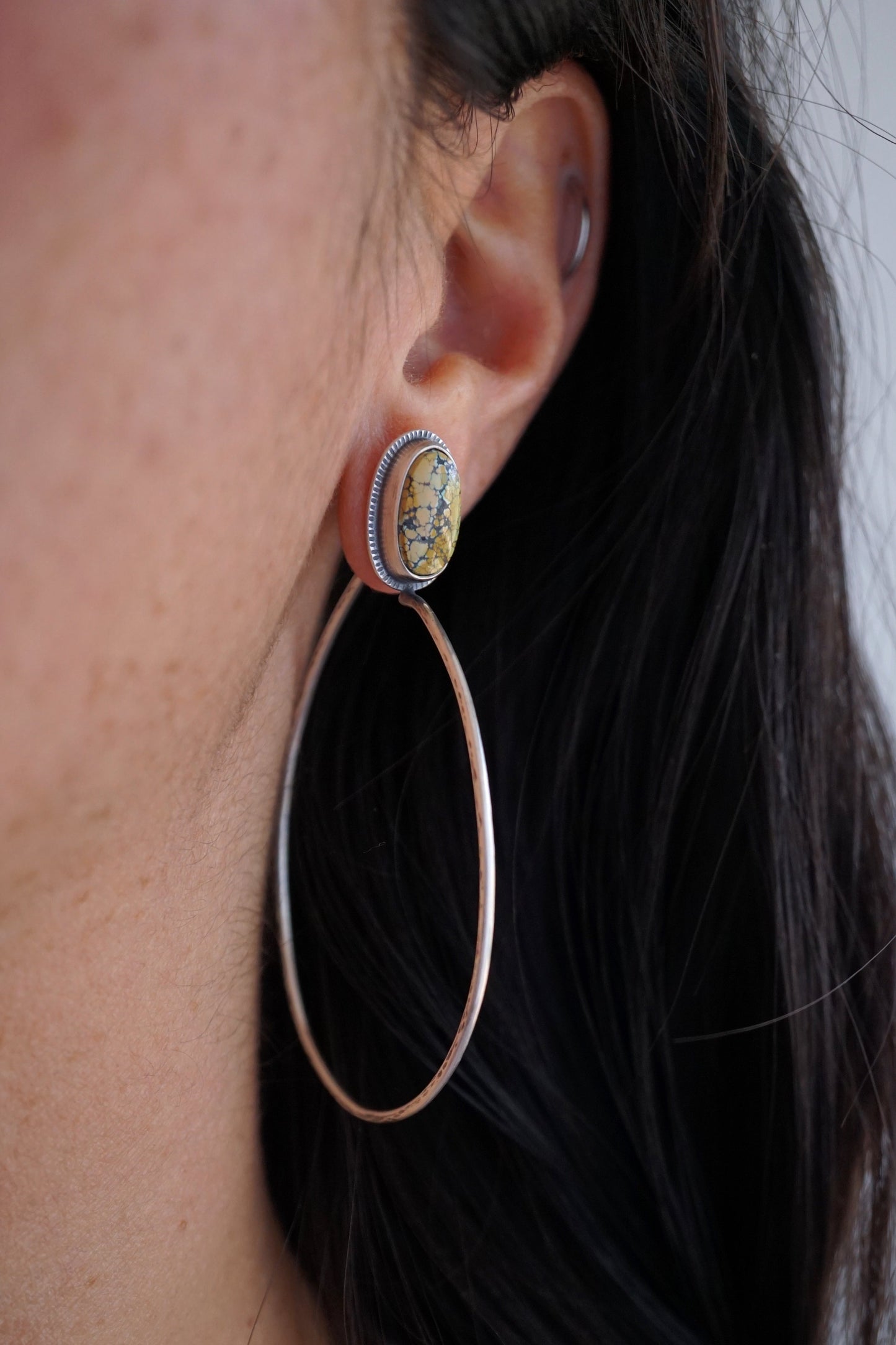 ochre blue moon turquoise + silver hoops - Lumenrose
