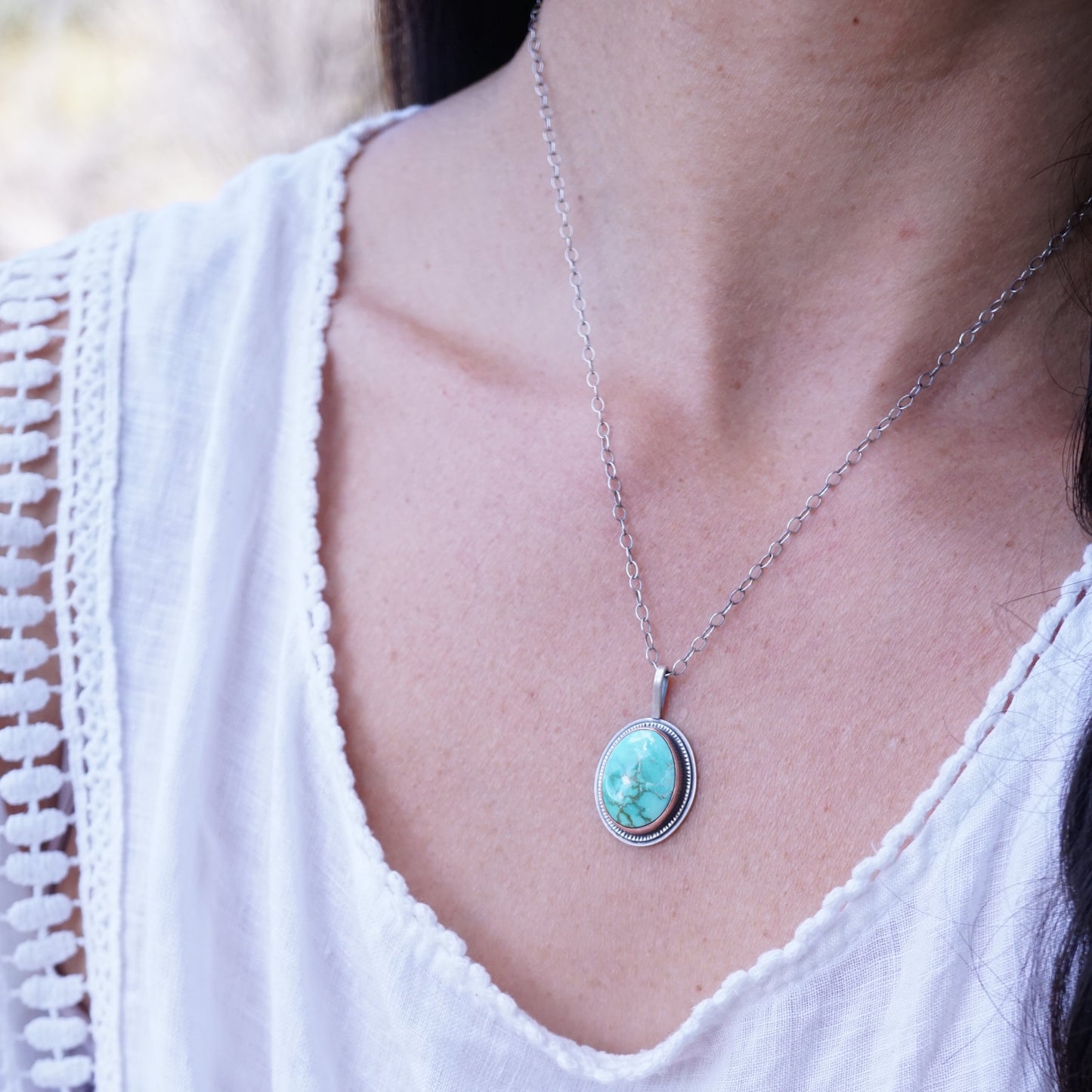 oval carico lake turquoise necklace with copper bezel - Lumenrose