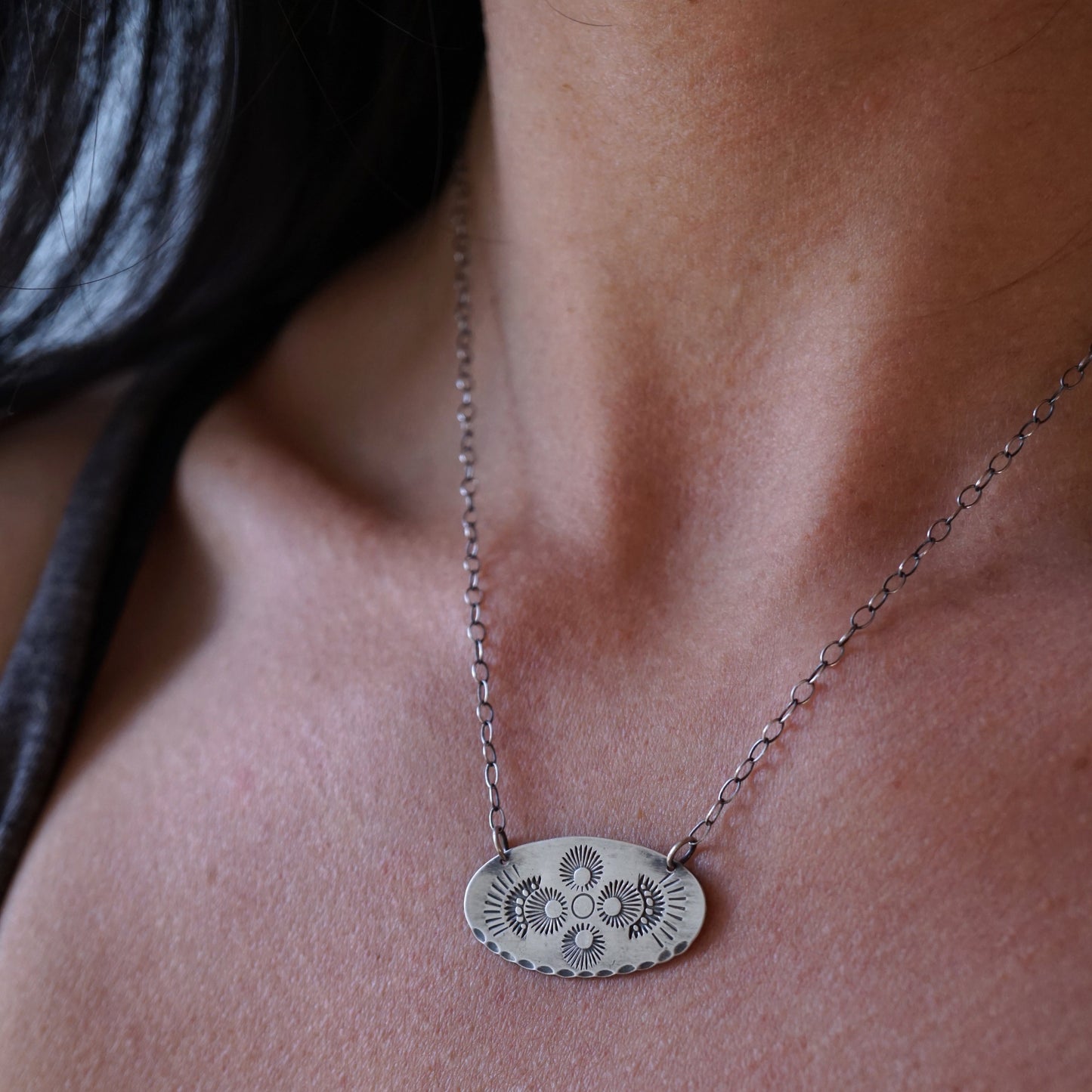 oval stamped silver necklaces - Lumenrose