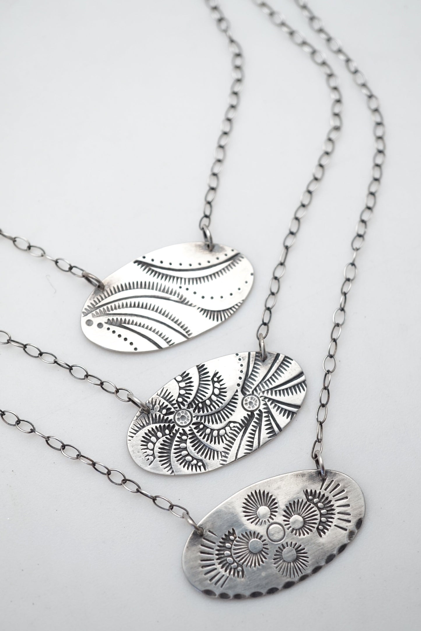 oval stamped silver necklaces - Lumenrose