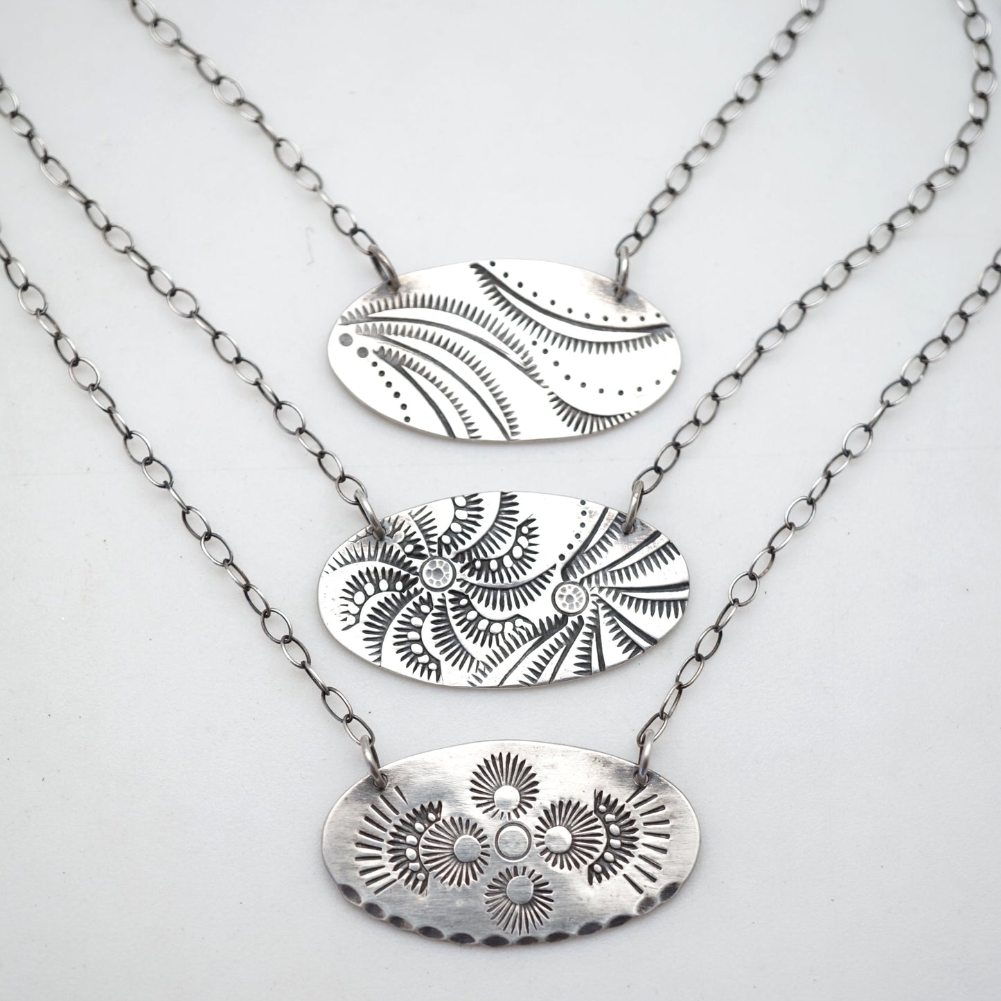 oval stamped silver necklaces - Lumenrose
