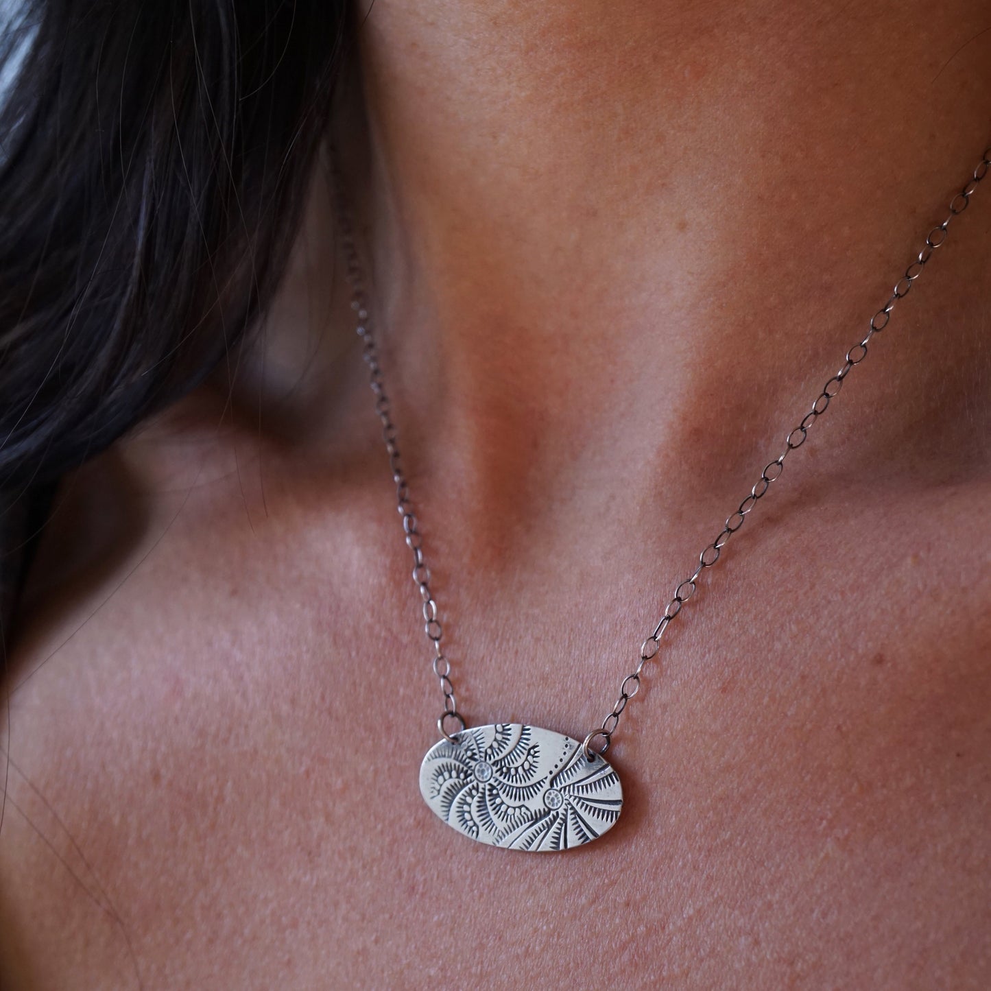 oval stamped silver necklaces - Lumenrose