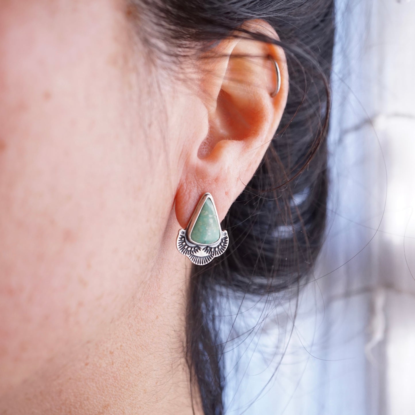 pale green chinese turquoise studs with stamping - Lumenrose