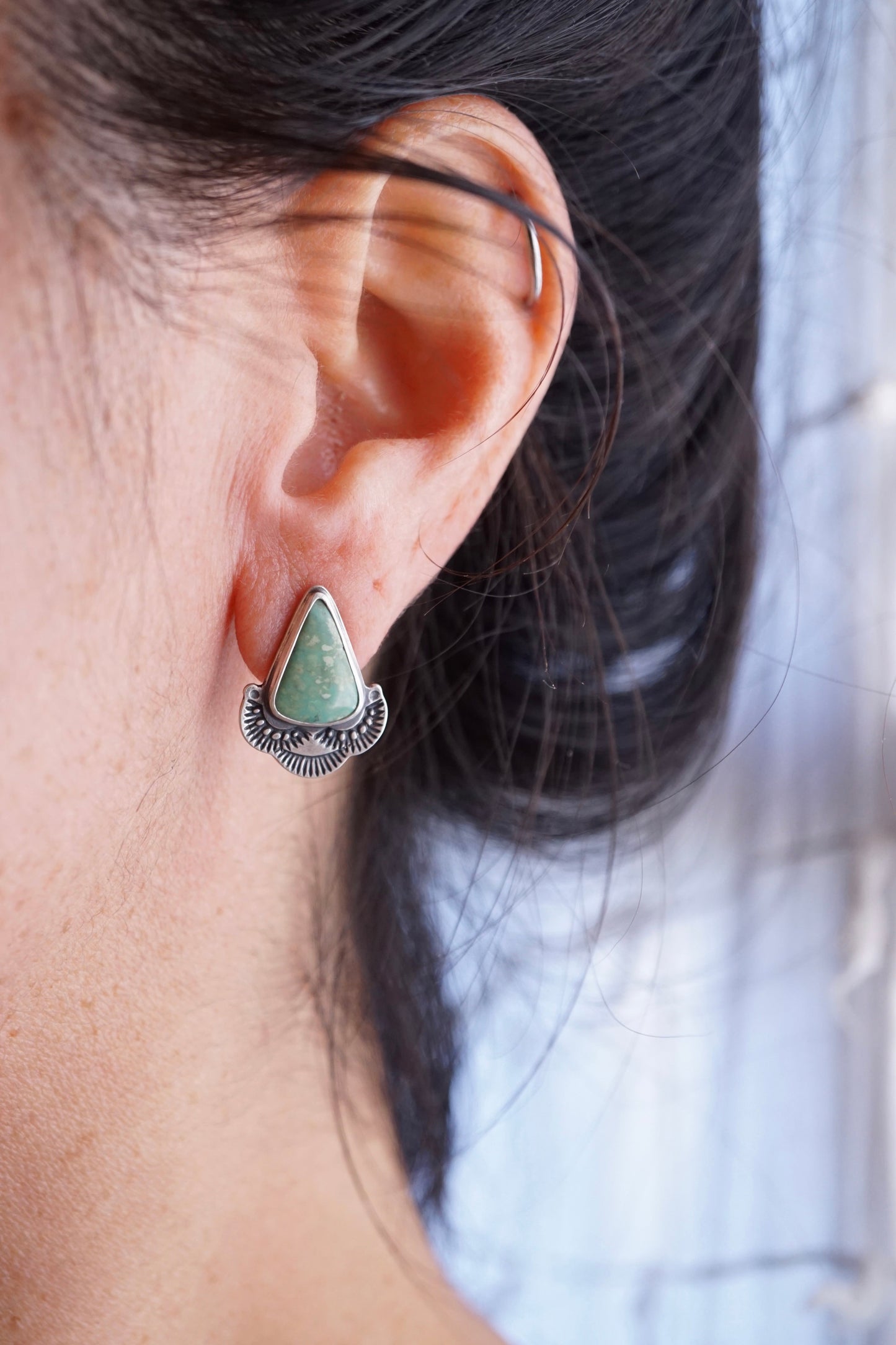 pale green chinese turquoise studs with stamping - Lumenrose