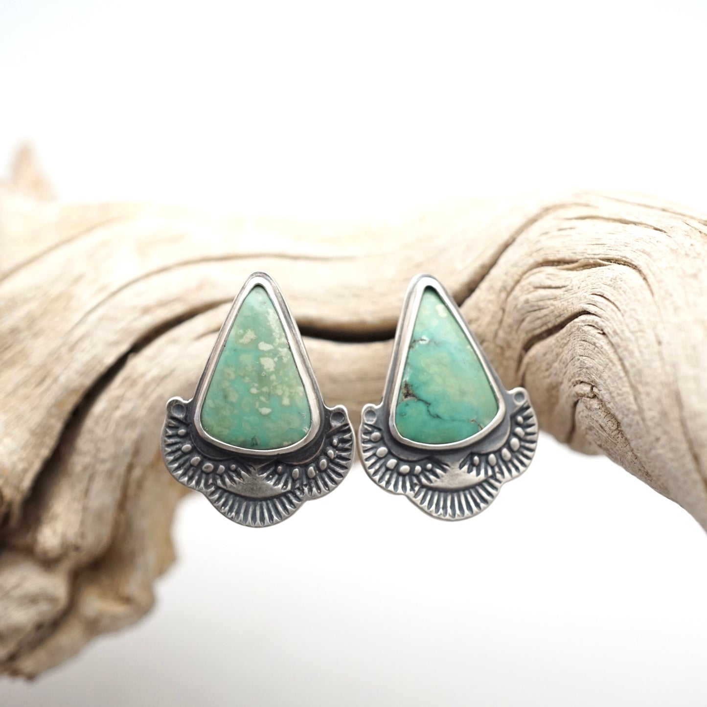 pale green chinese turquoise studs with stamping - Lumenrose