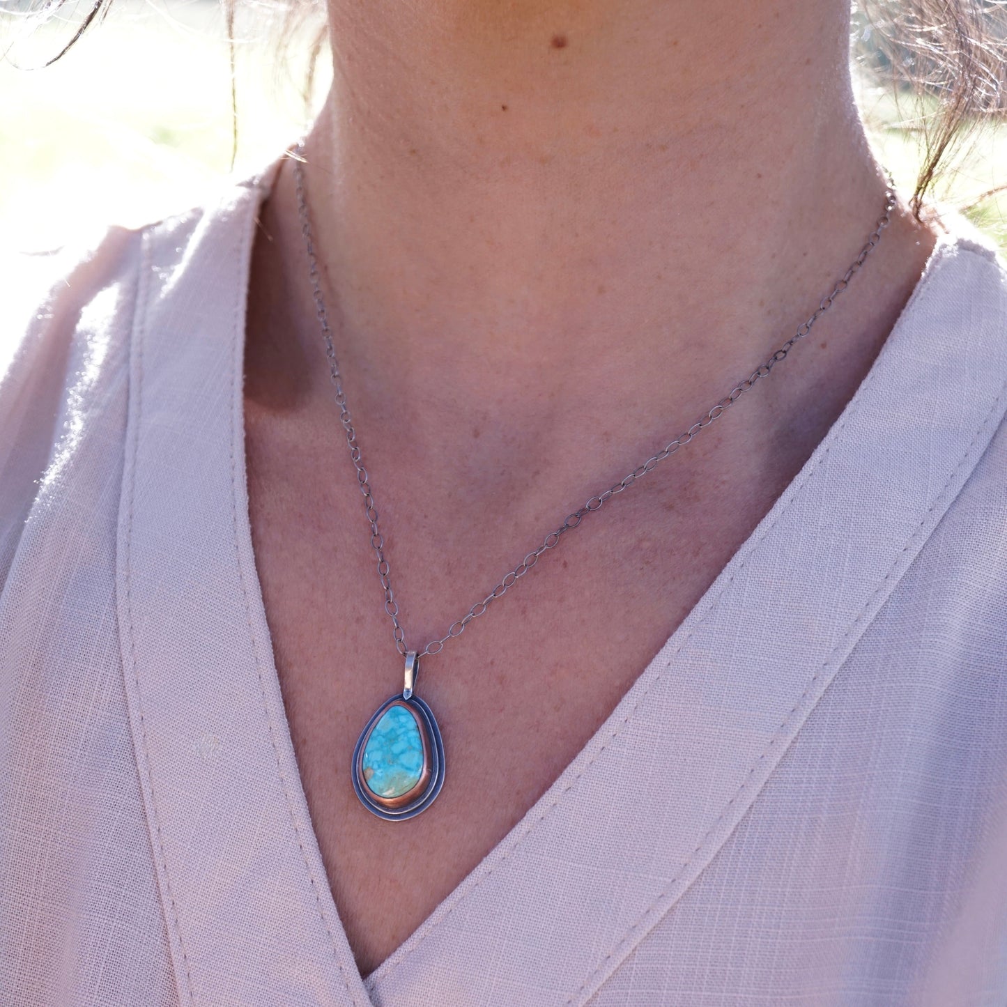 polychrome kingman turquoise necklace with copper bezel - Lumenrose