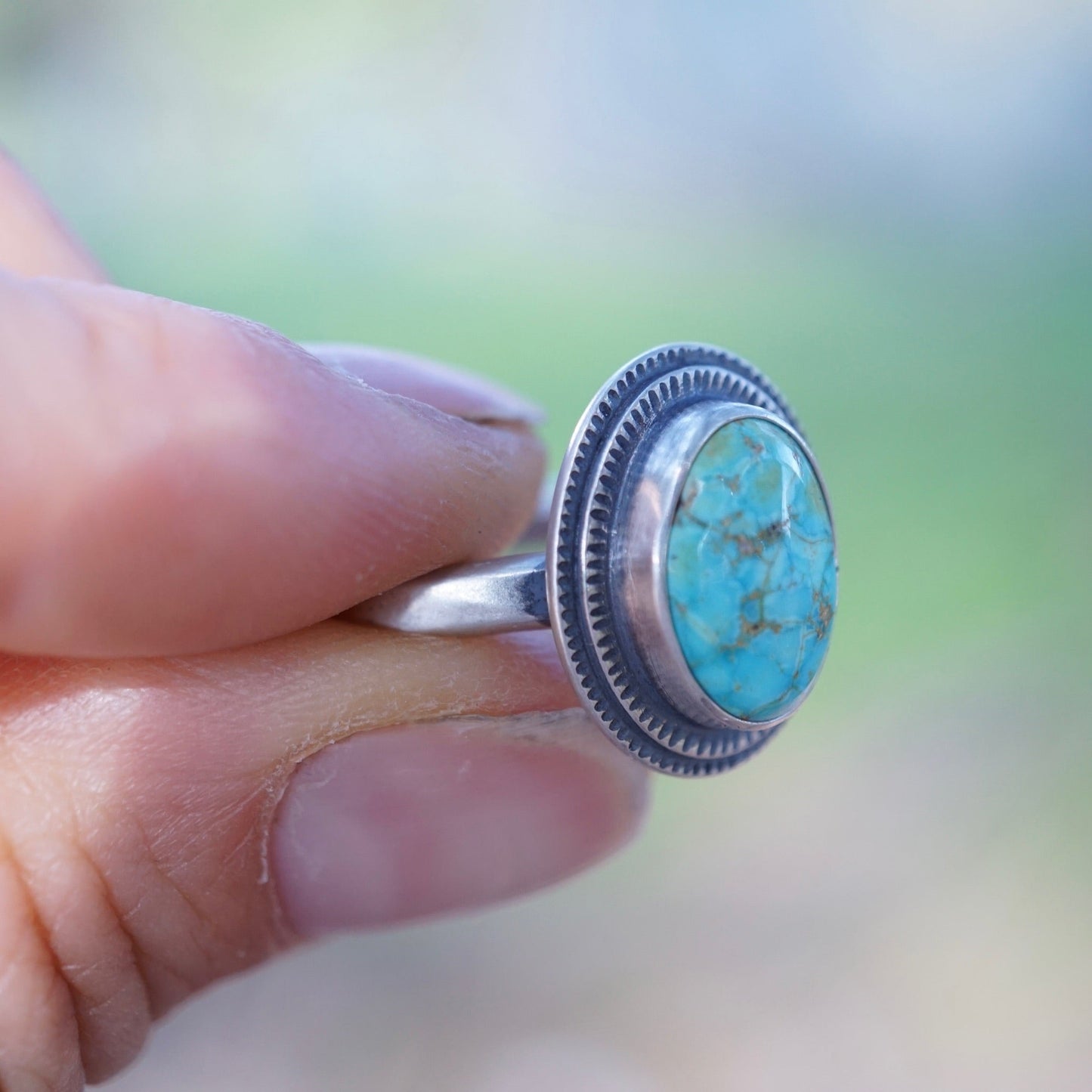 polychrome kingman turquoise ring with copper bezel - size 7.5 - Lumenrose