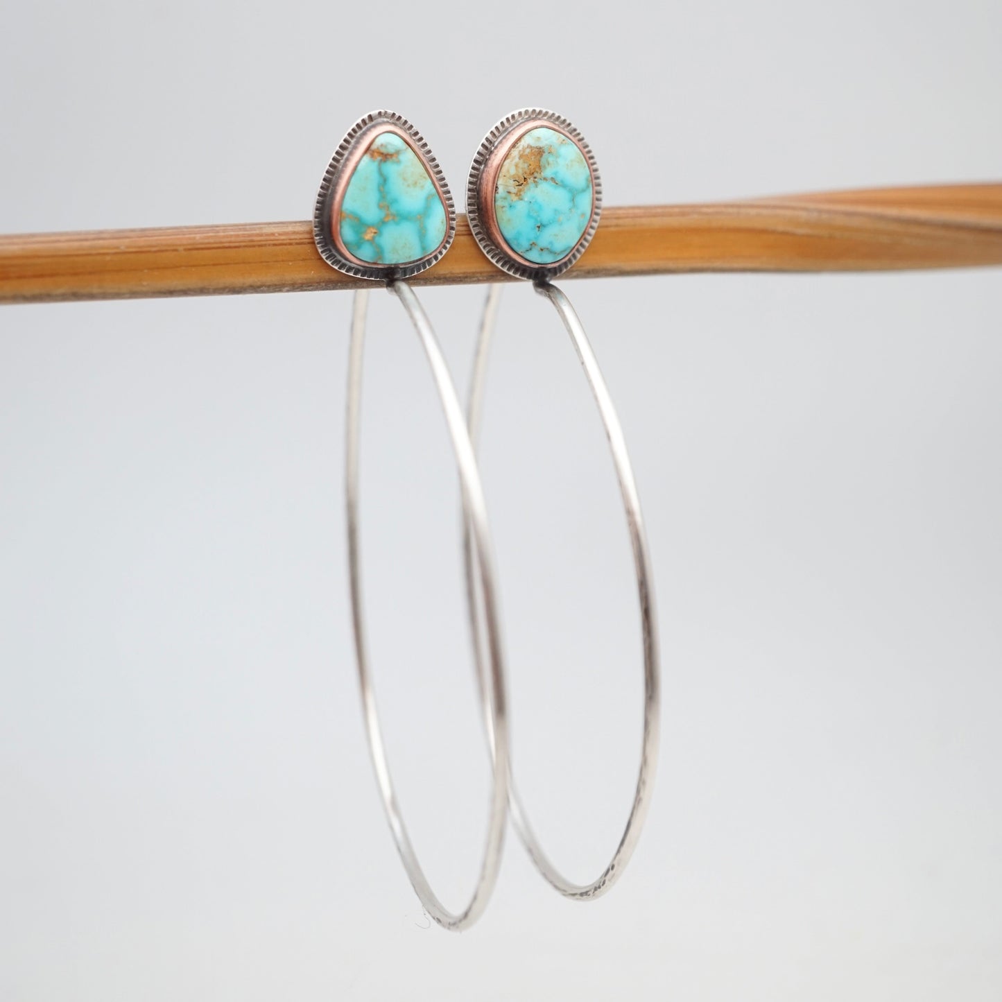 polychrome kingman turquoise + silver hoops with copper bezel - Lumenrose