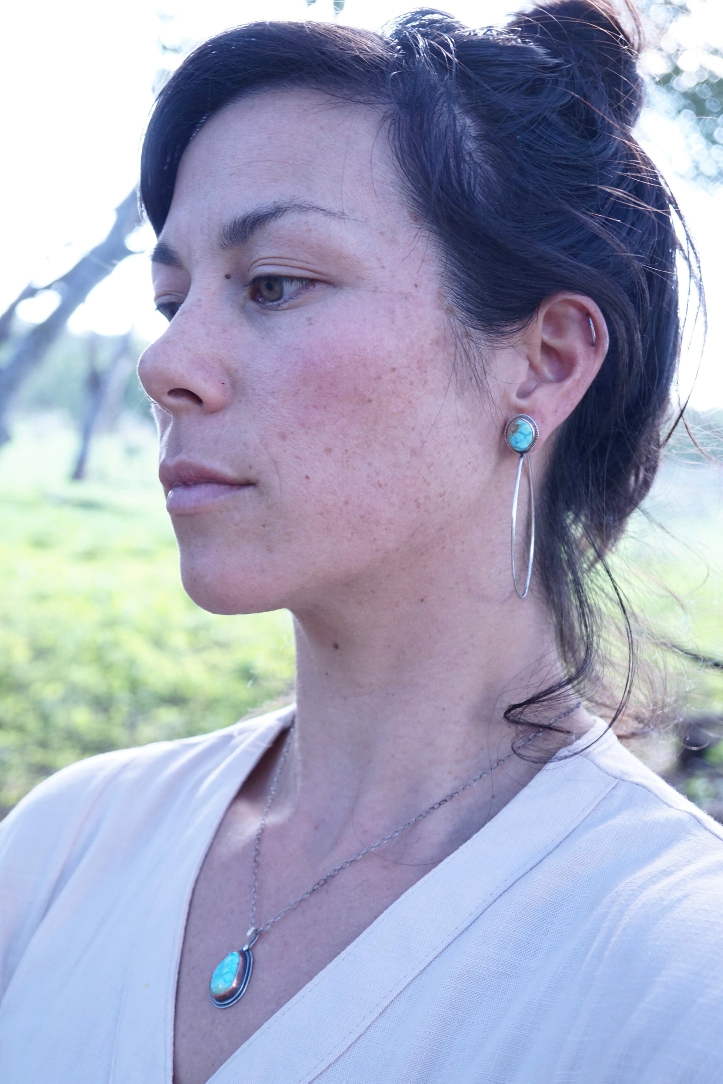 polychrome kingman turquoise + silver hoops with copper bezel - Lumenrose