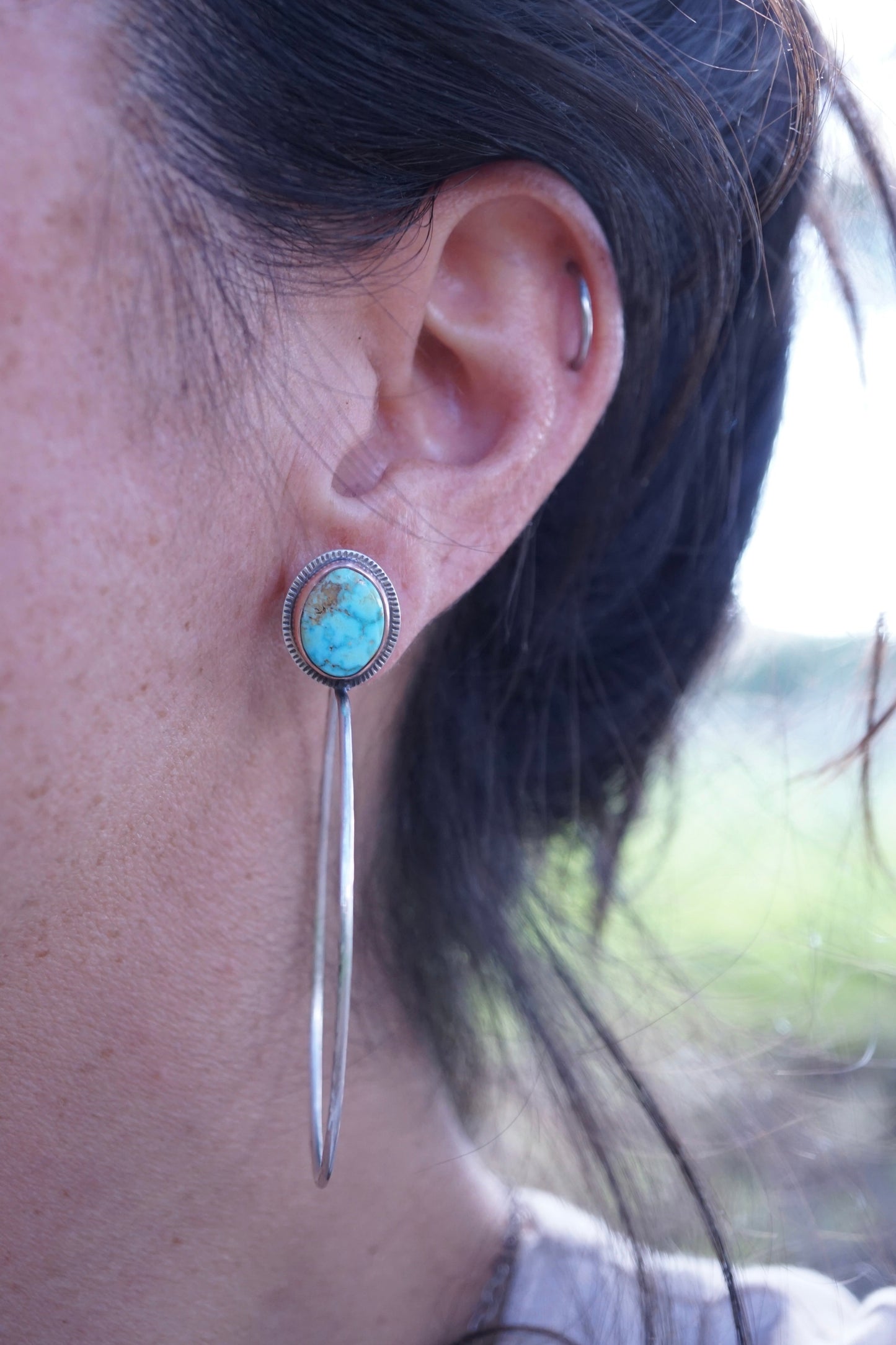 polychrome kingman turquoise + silver hoops with copper bezel - Lumenrose