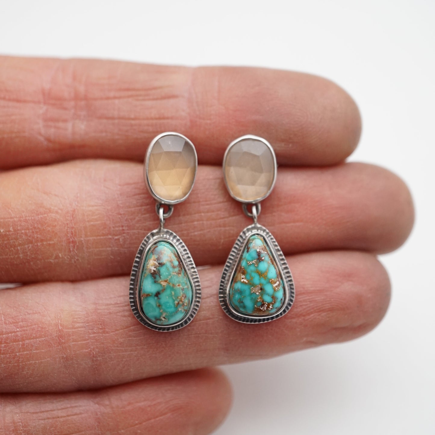 rosecut moonstone + turquoise mountain turquoise dangles - Lumenrose