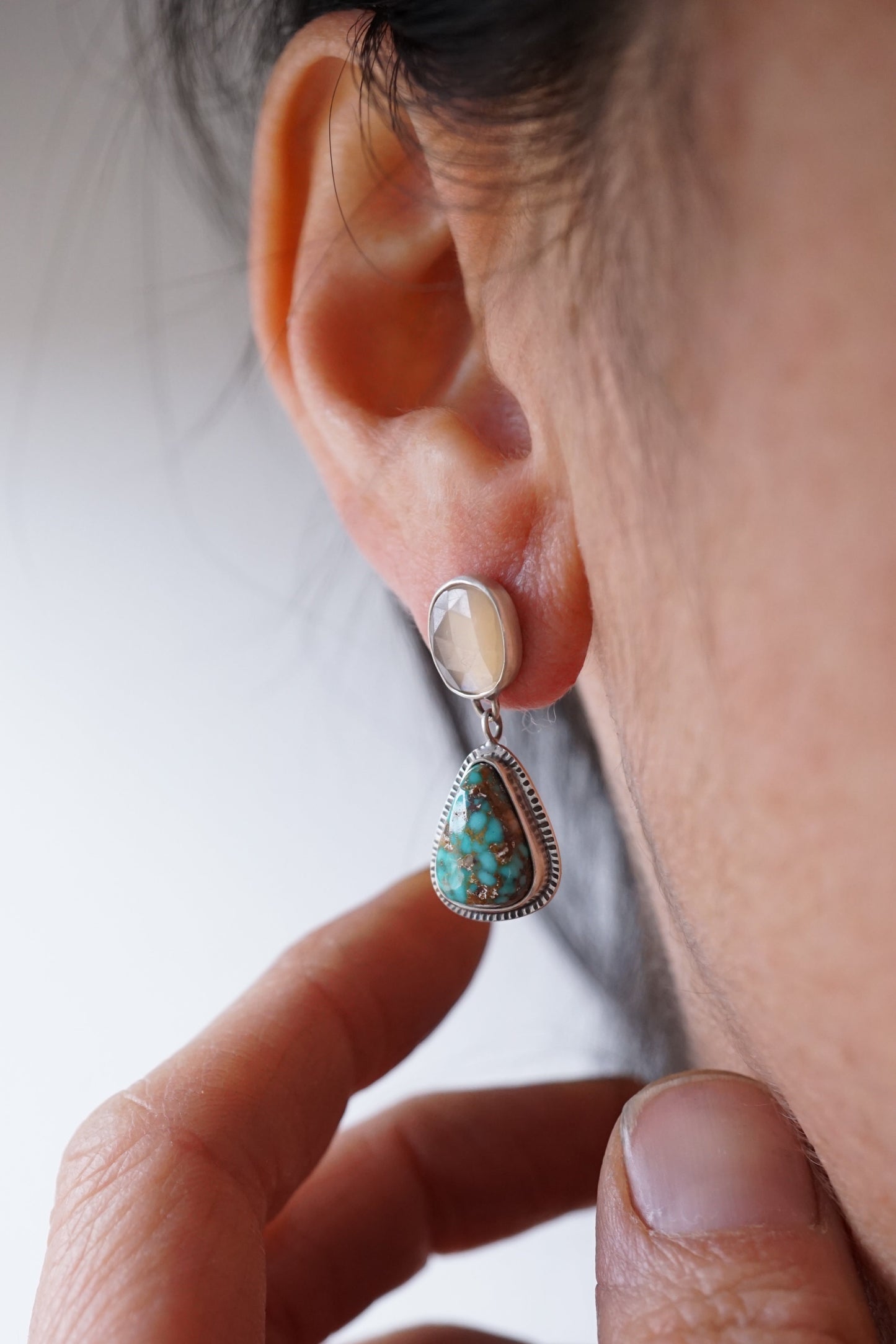 rosecut moonstone + turquoise mountain turquoise dangles - Lumenrose