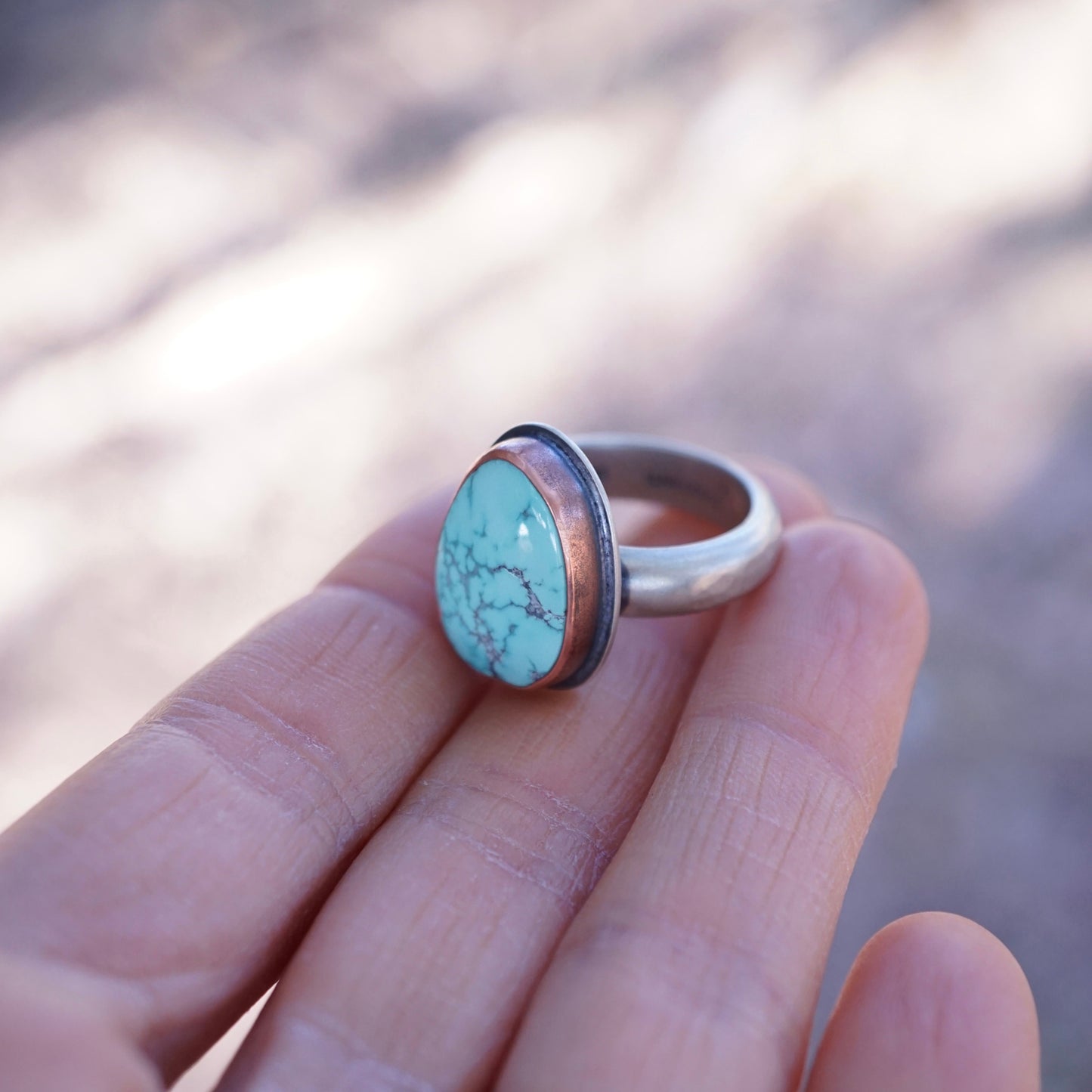 sky blue cheyenne turquoise ring with copper bezel - size 7.5 - Lumenrose