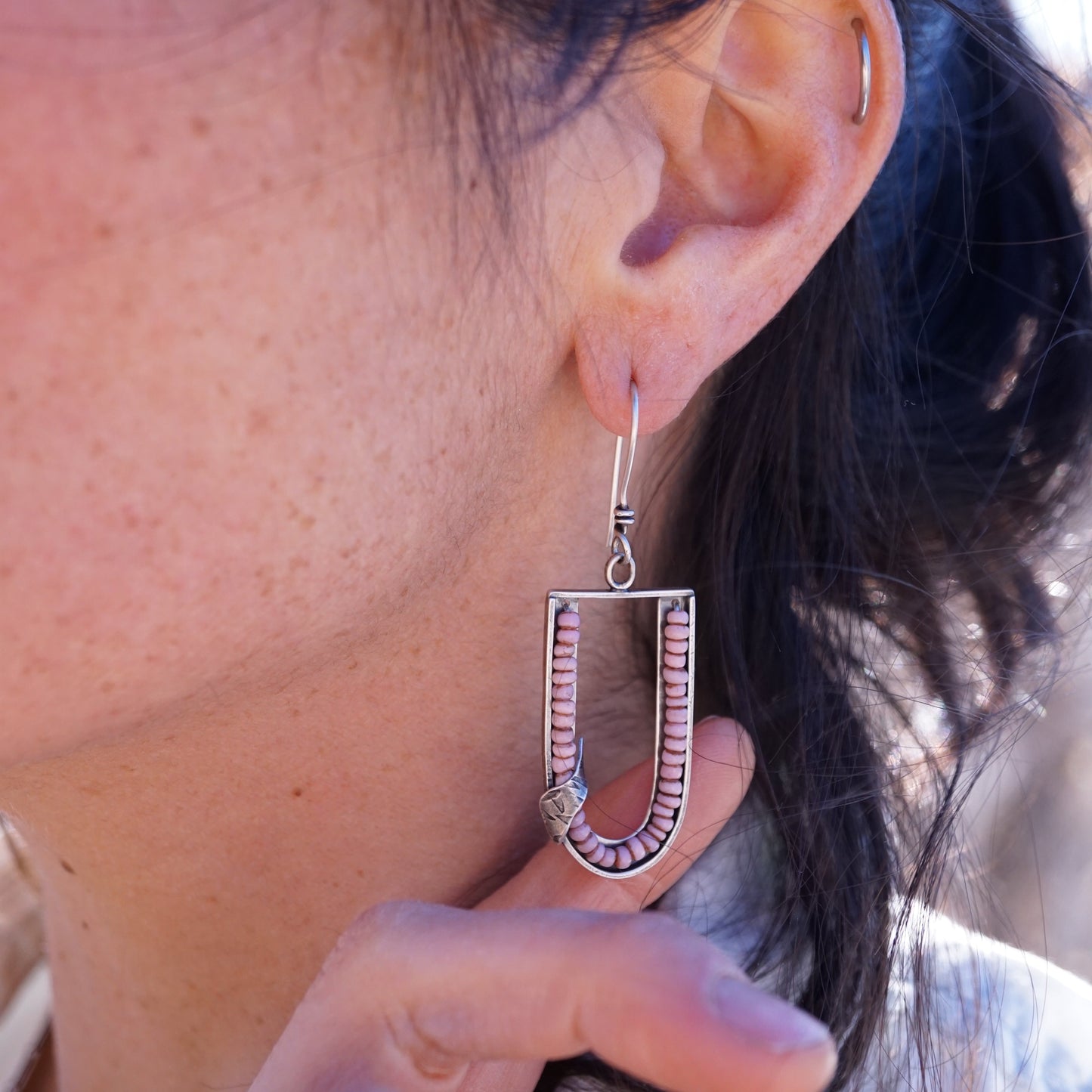 small arc dangles with pink maasai trade beads - Lumenrose