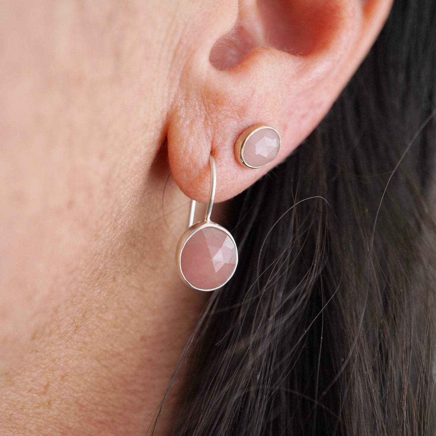 small faceted guava quartz studs with 14k gold bezel - Lumenrose