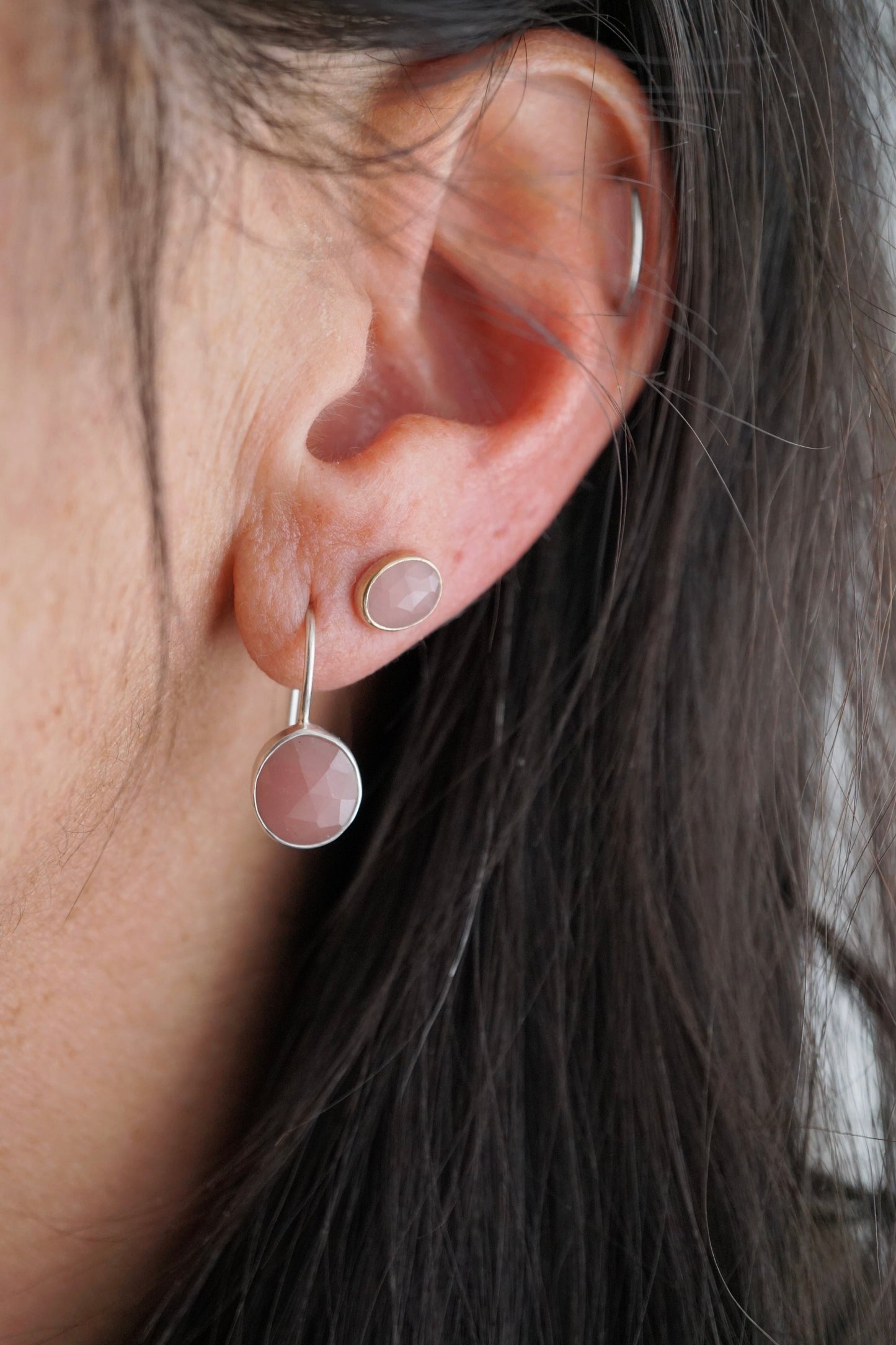 small faceted guava quartz studs with 14k gold bezel - Lumenrose