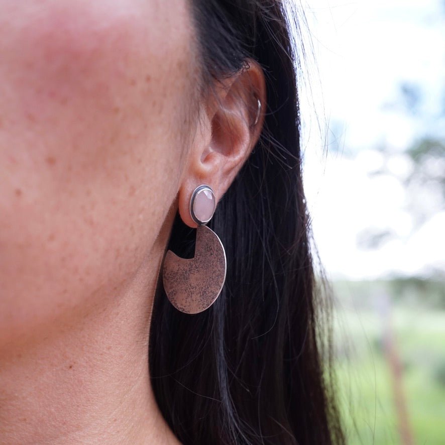 smaller silver circle earrings with guava quartz - Lumenrose