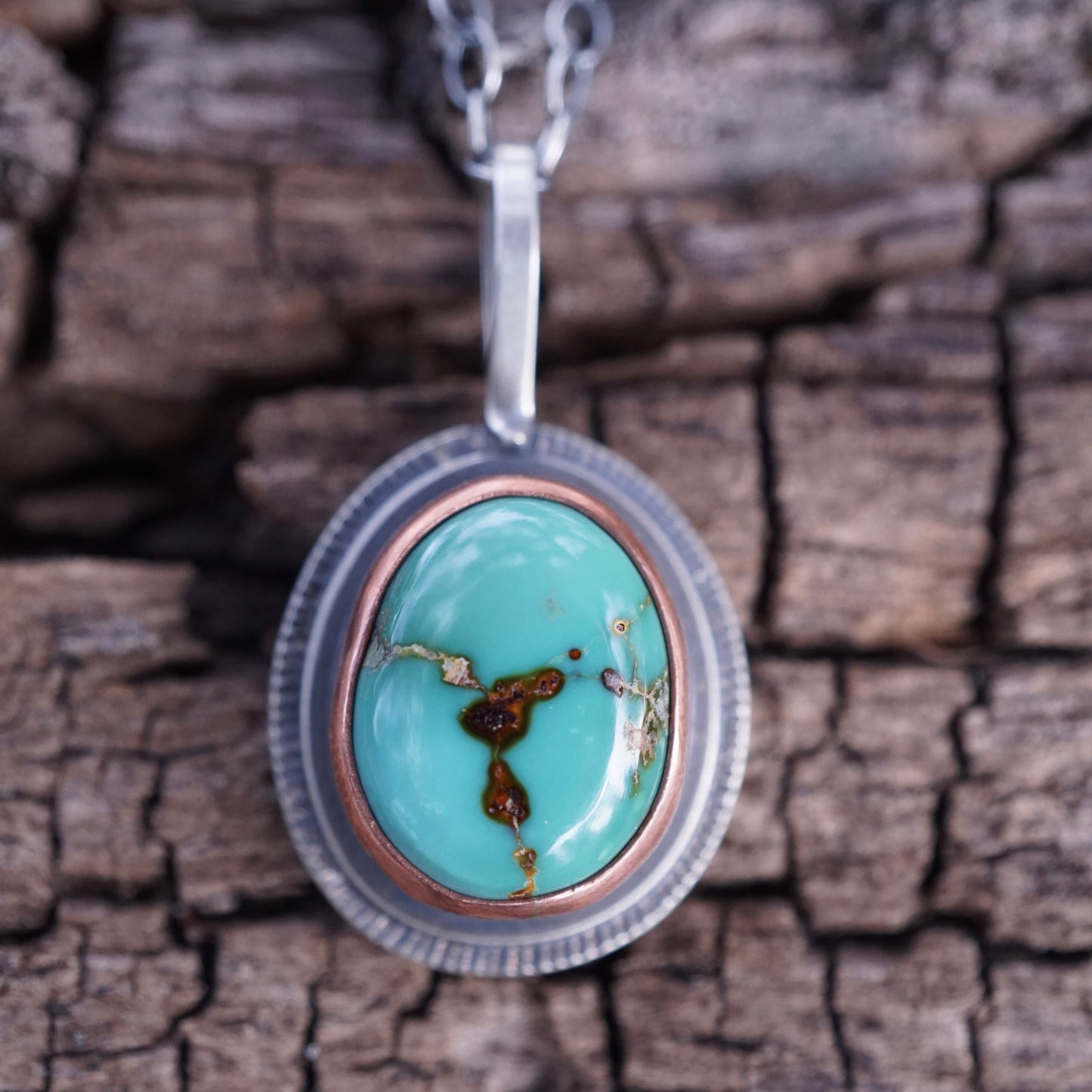 teal fox turquoise necklace with copper bezel - Lumenrose