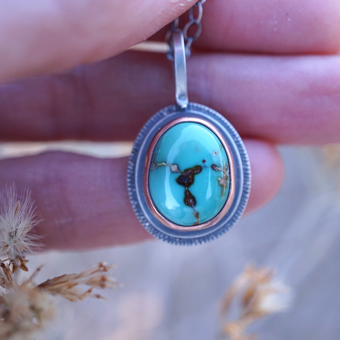 teal fox turquoise necklace with copper bezel - Lumenrose