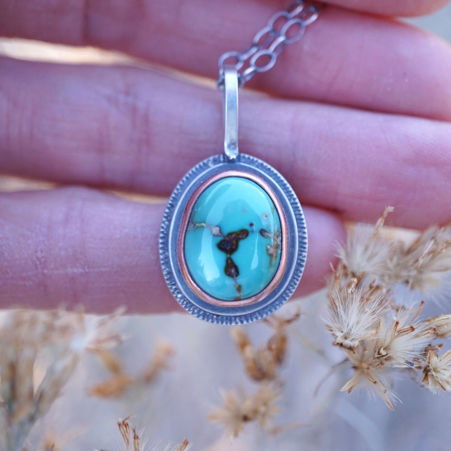 teal fox turquoise necklace with copper bezel - Lumenrose