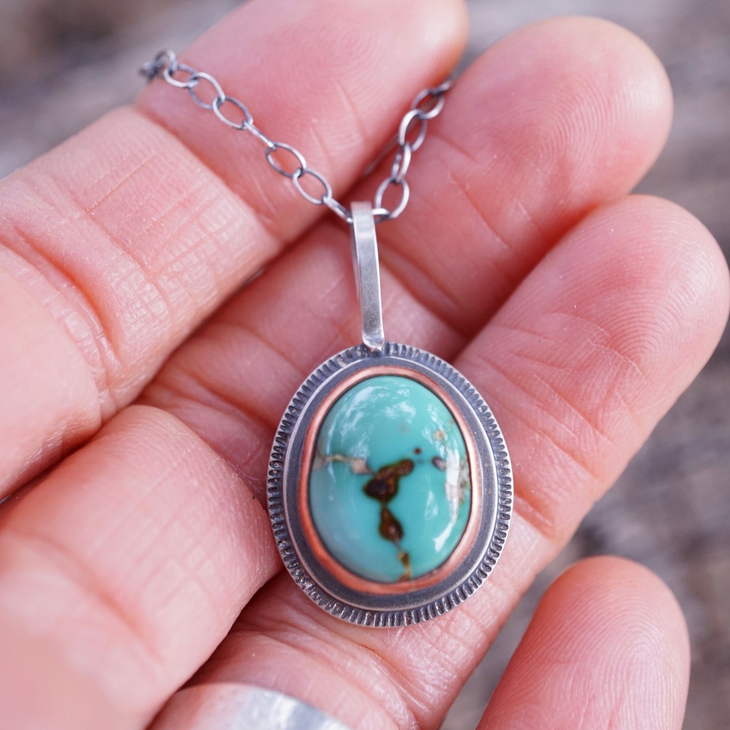 teal fox turquoise necklace with copper bezel - Lumenrose