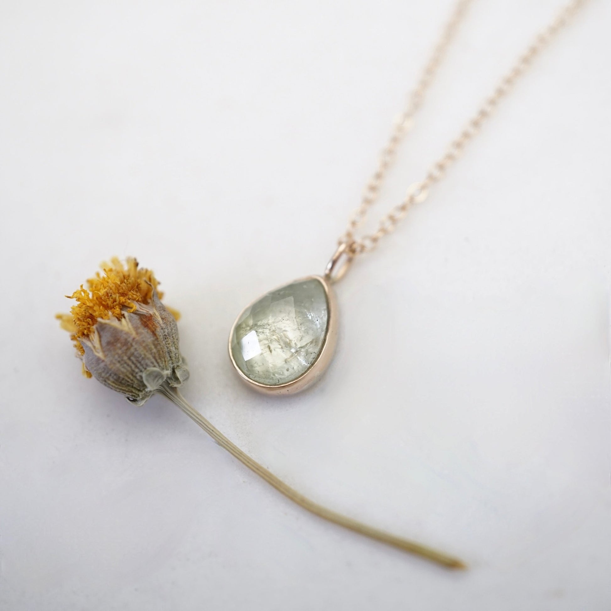 14k GOLD necklace with mossy green garnet - Lumenrose