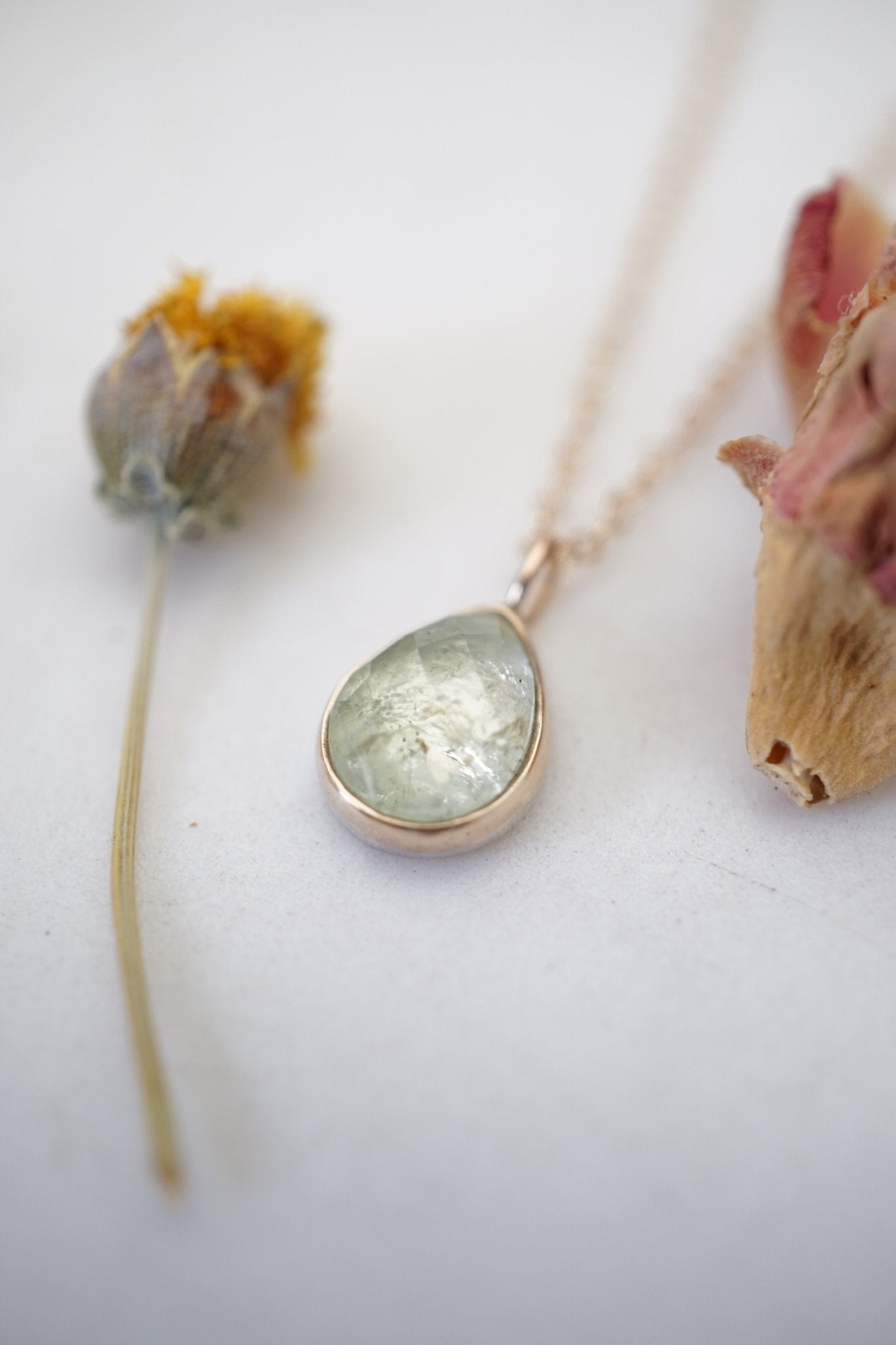 14k GOLD necklace with mossy green garnet - Lumenrose