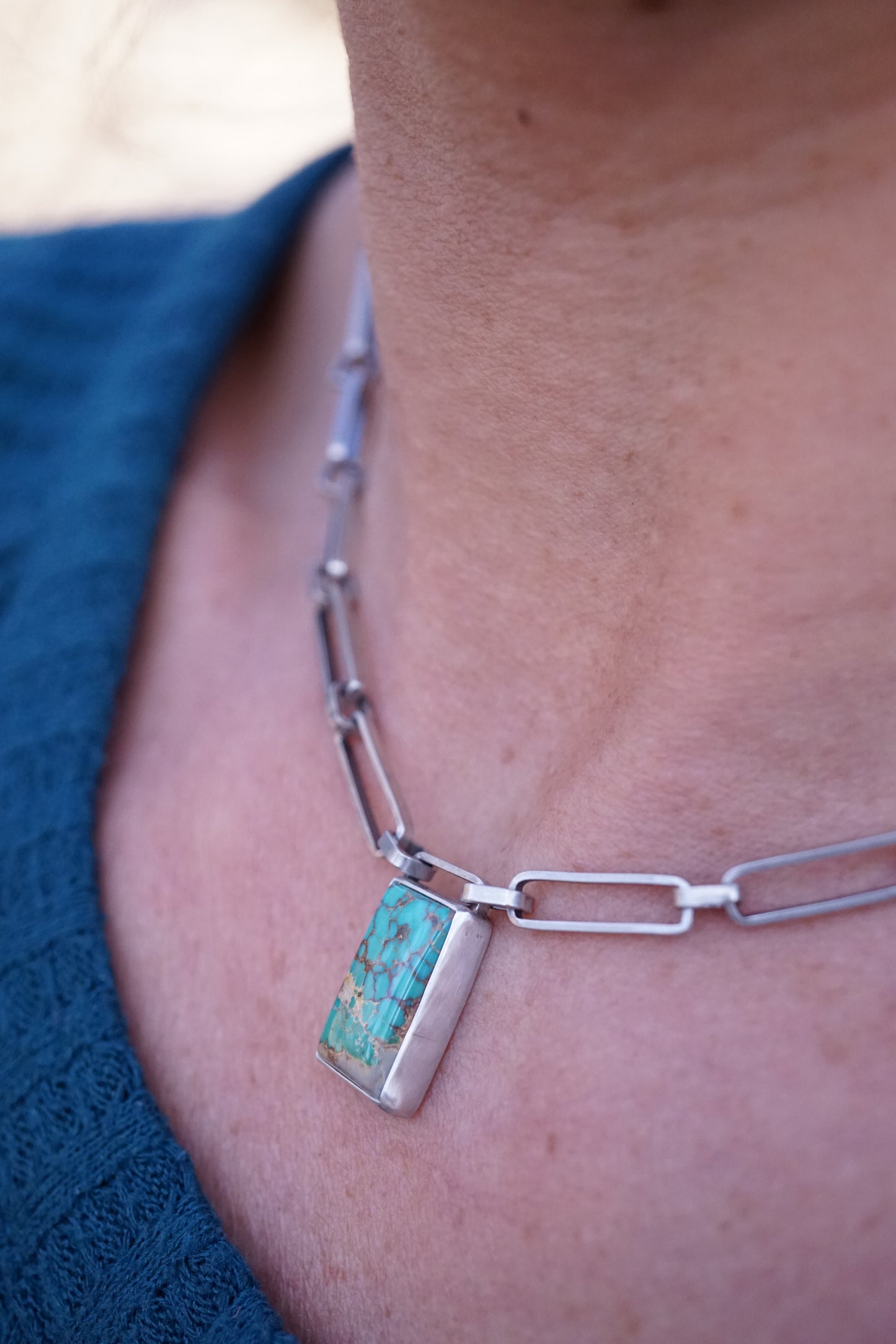 the choker - handmade rectangle chain + royston turquoise 16"