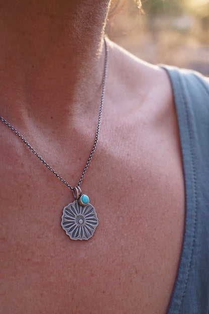 full bloom necklace with teeny turquoise charm