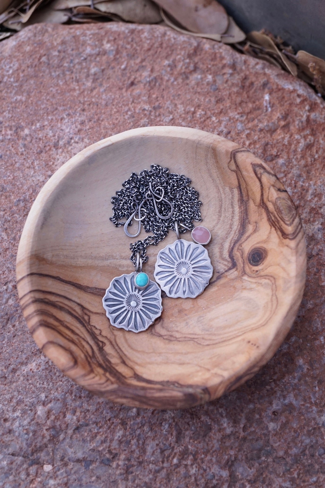 full bloom necklace with teeny turquoise charm
