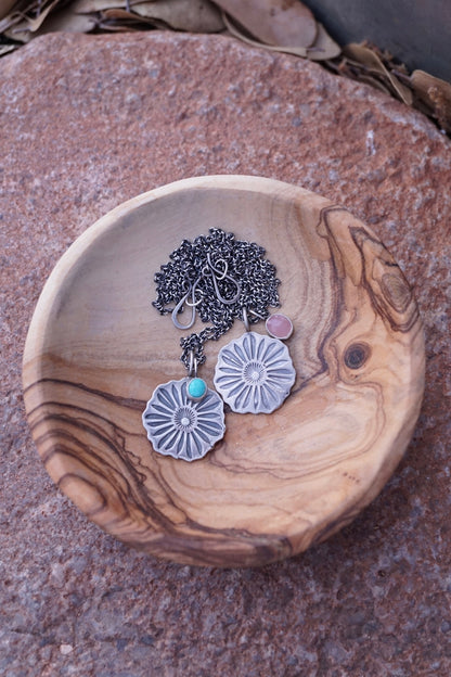 full bloom necklace with teeny turquoise charm