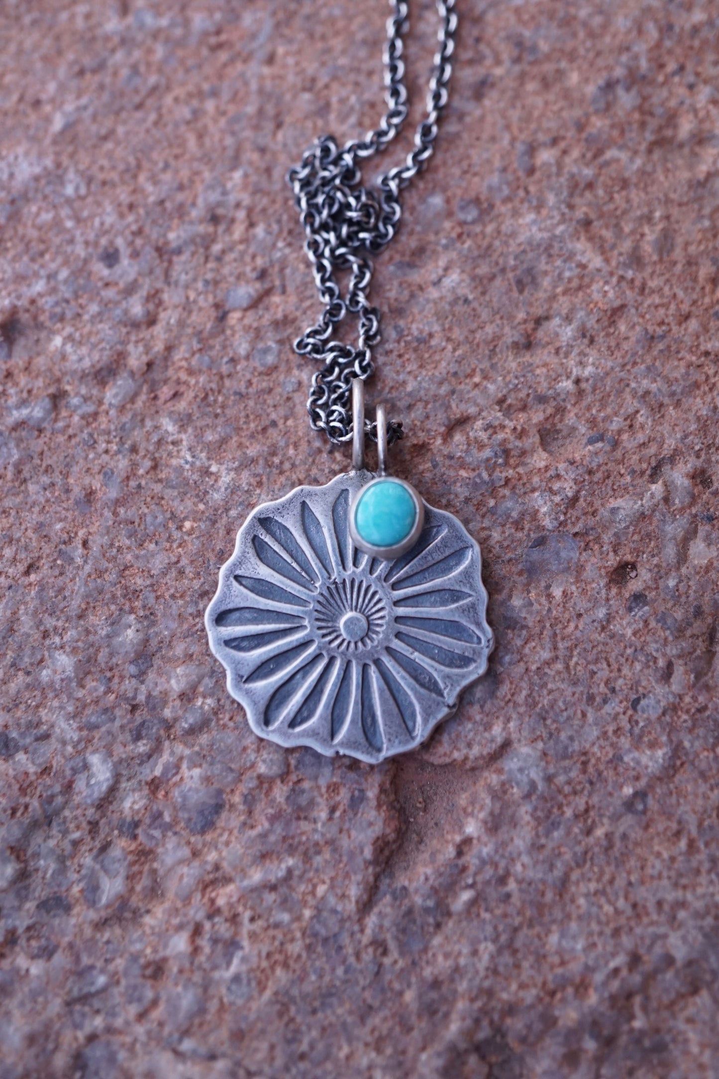 full bloom necklace with teeny turquoise charm