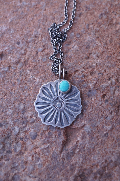 full bloom necklace with teeny turquoise charm