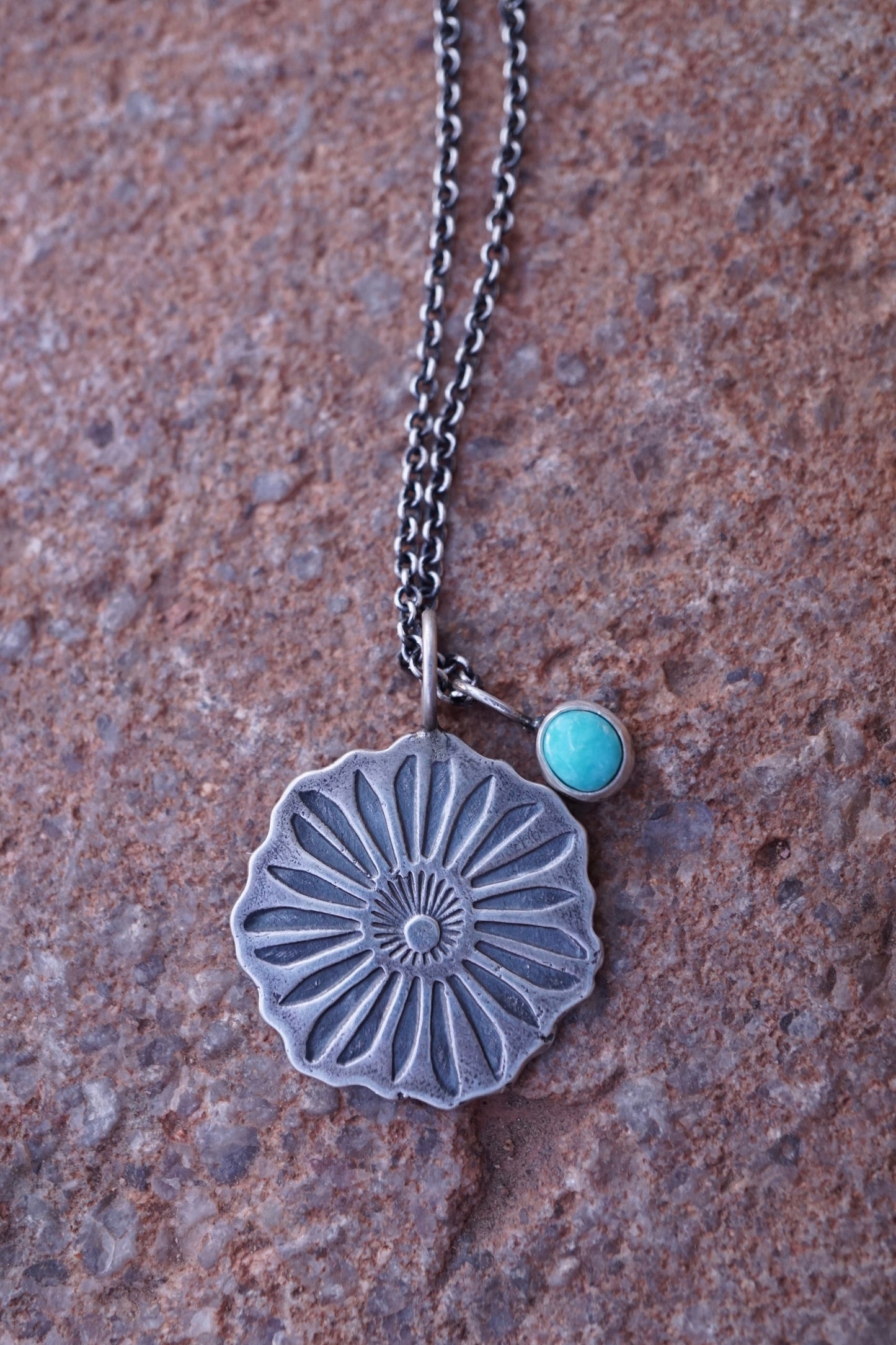 full bloom necklace with teeny turquoise charm